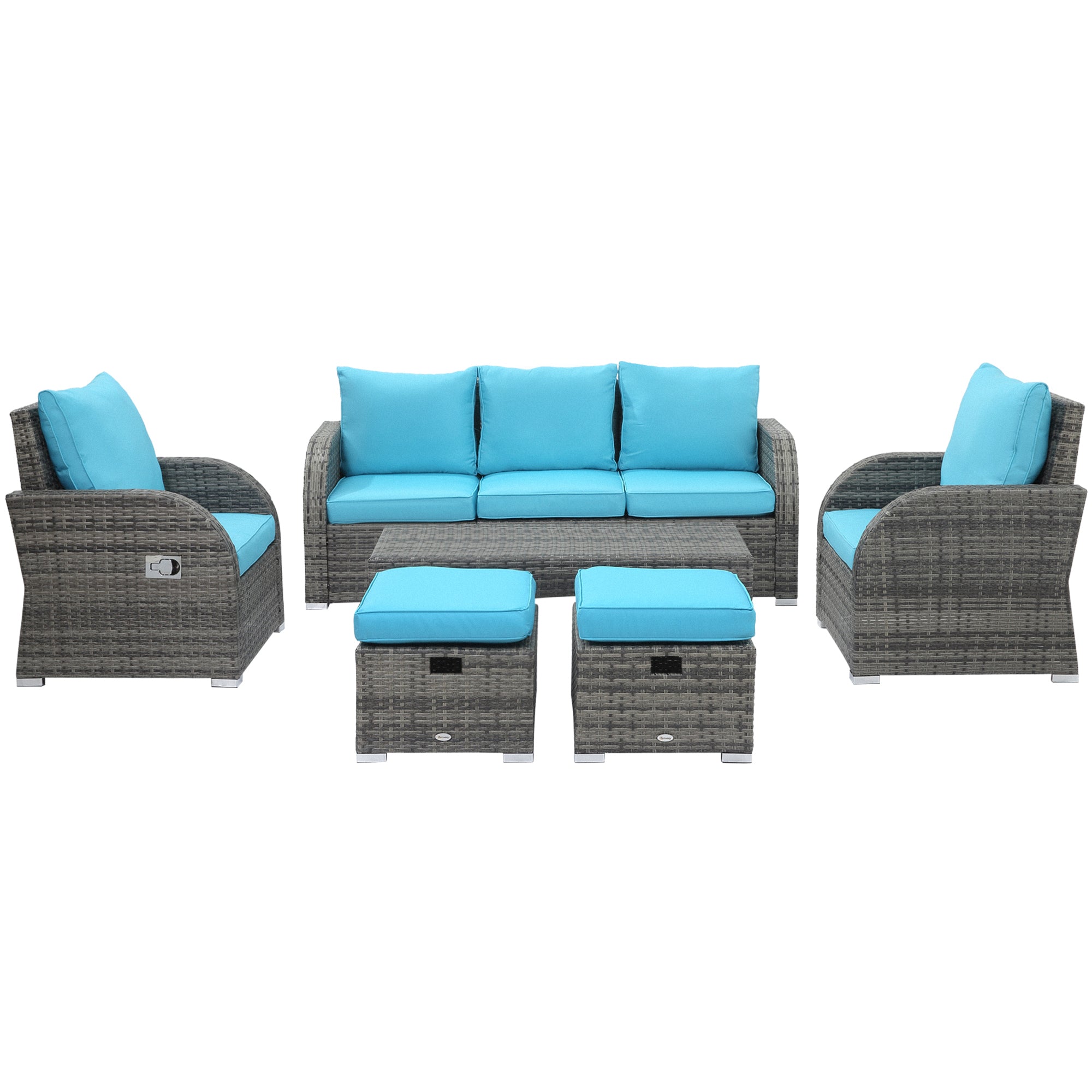 Outsunny 6 Pieces Patio Furniture Set, Conversation Set Wicker Sectional Set Cushioned Outdoor Rattan 3-Seat Sofa, 2 Adjustable Recliners, 2 Footstools & Table Set for Lawn Garden Backyard, Sky Blue