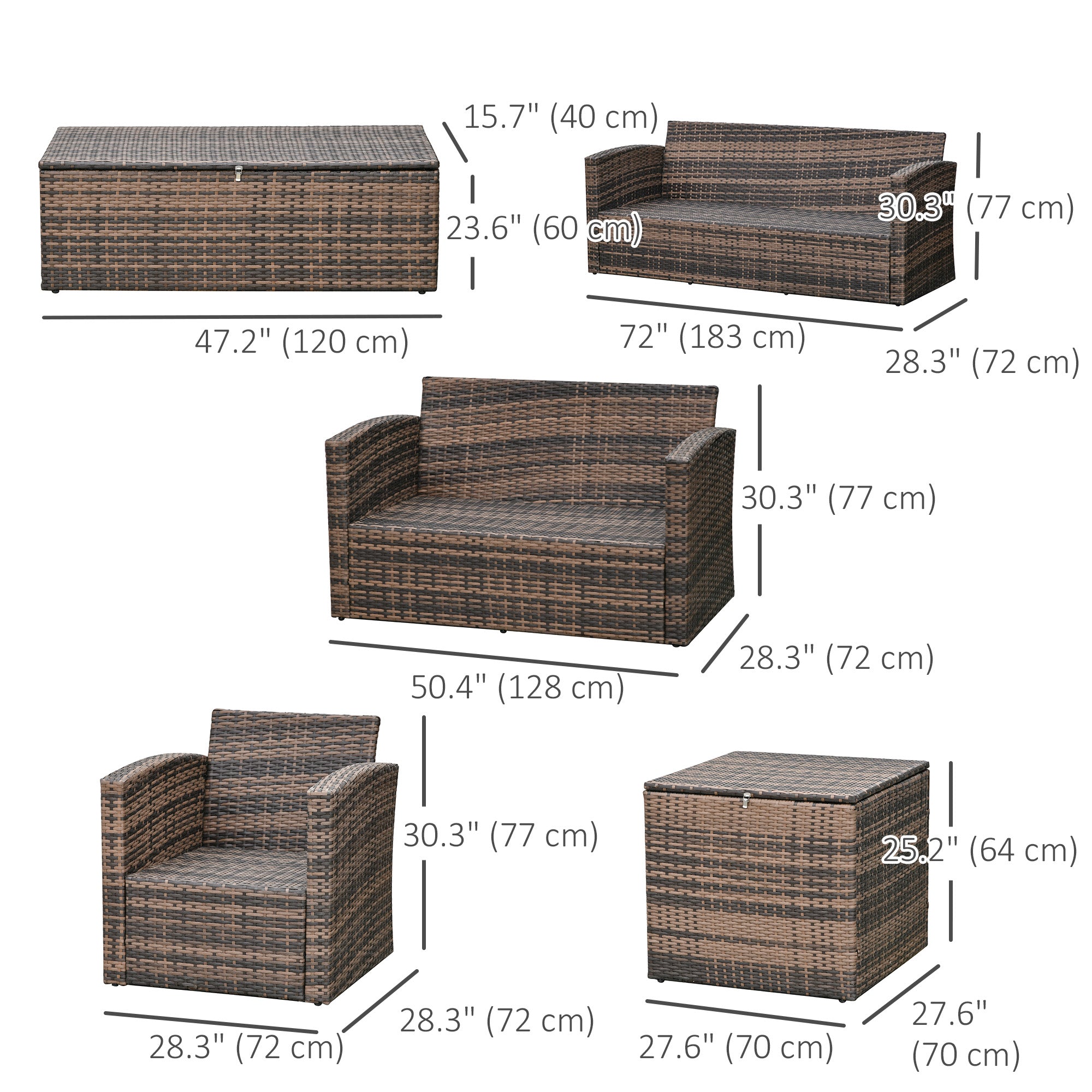 Outsunny 6 Pieces Wicker Patio Furniture Set with Cushions, 7-Seater Rattan Patio Sofa Set with Storage Table, Orange