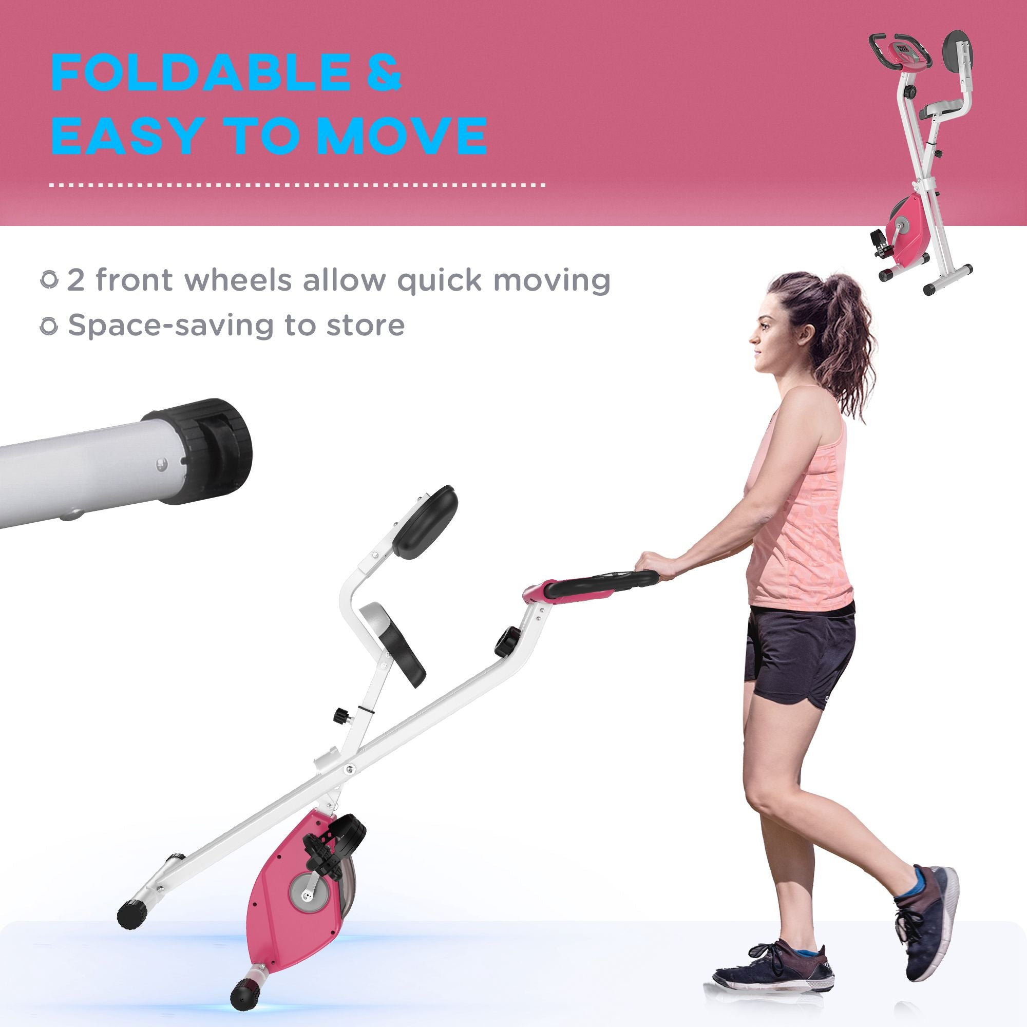Soozier Foldable Indoor Stationary Bike with 8 Levels of Magnetic Resistance, Exercise Bike for Cardio Workout, Pink
