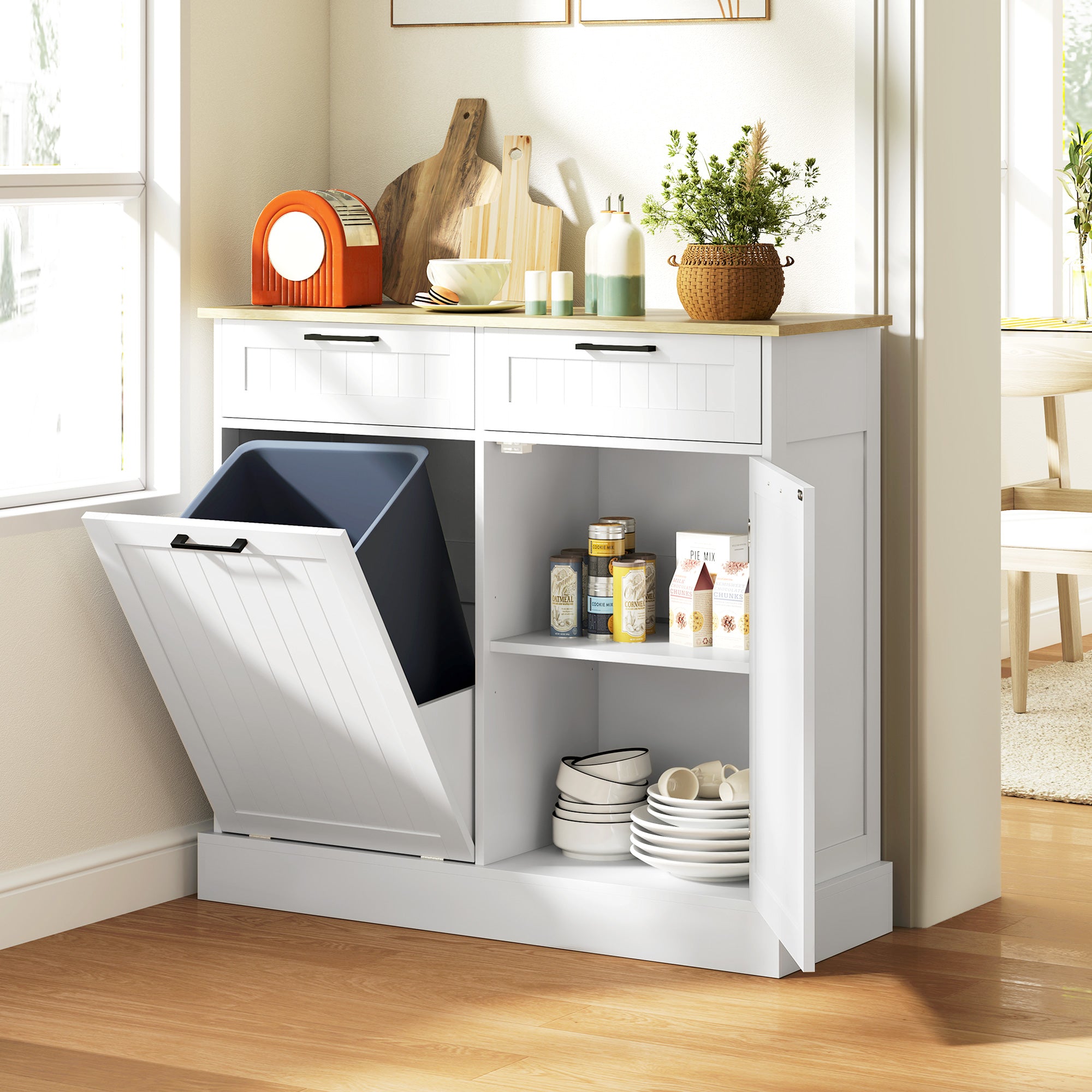HOMCOM 10 Gallon Hidden Garbage Bin Cabinet, Tilt Out Trash Cabinet w/ 2 Drawers, Freestanding Kitchen Island, White