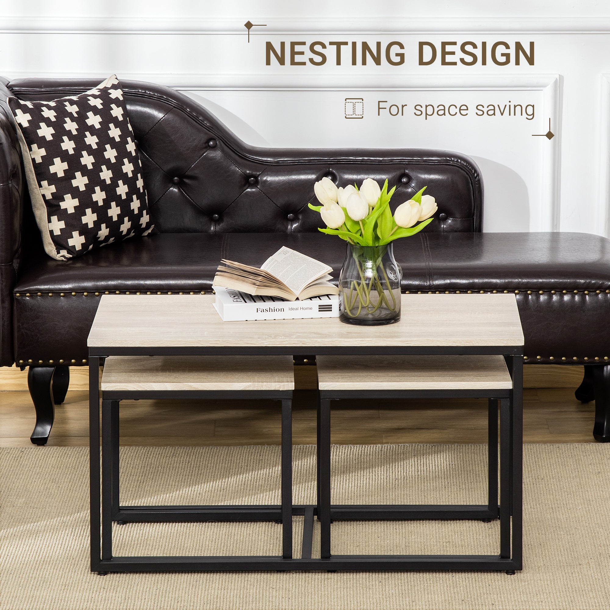 HOMCOM Nesting Coffee Table Set of 3, Modern End Tables with Black Metal Frame for Living Room Home Furniture, Natural