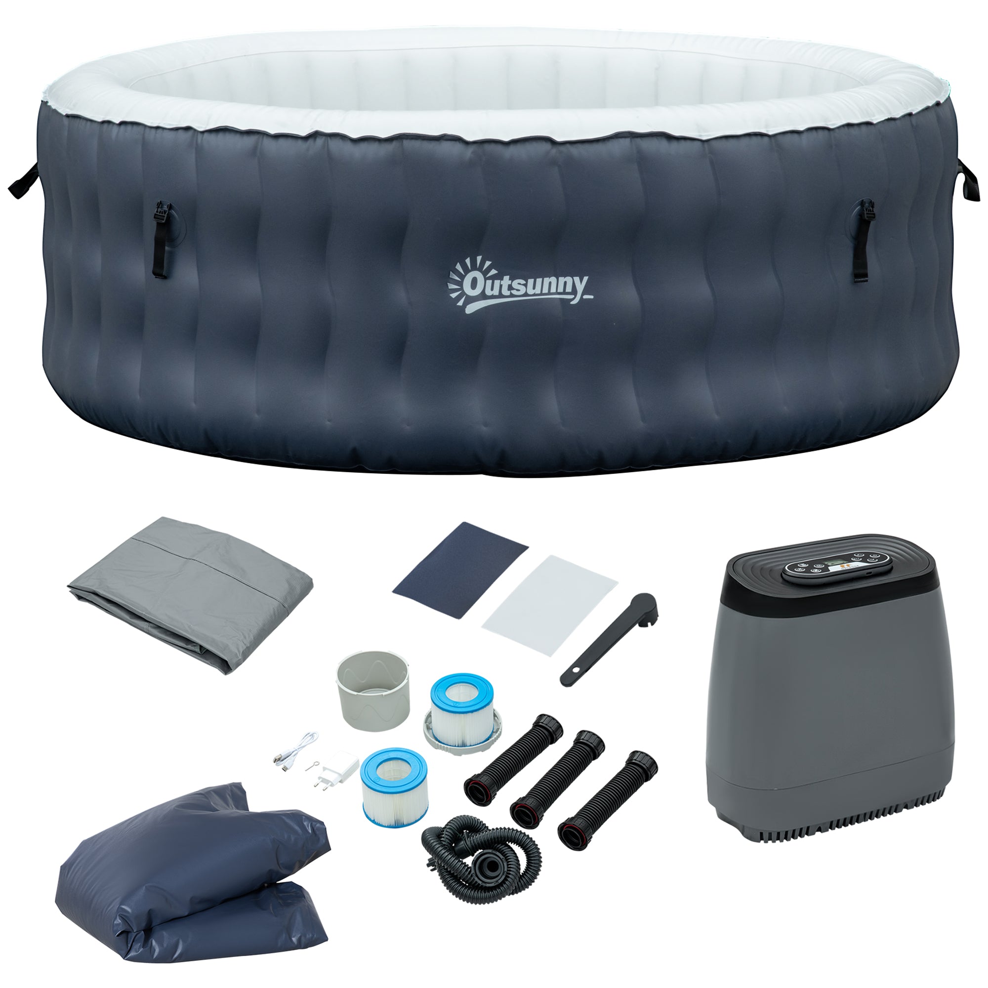 Outsunny 4-6 Person Inflatable Portable Hot Tub Outdoor Round Heated Spa with 108 Jets, Cover, Filter Cartridges, Dark Blue