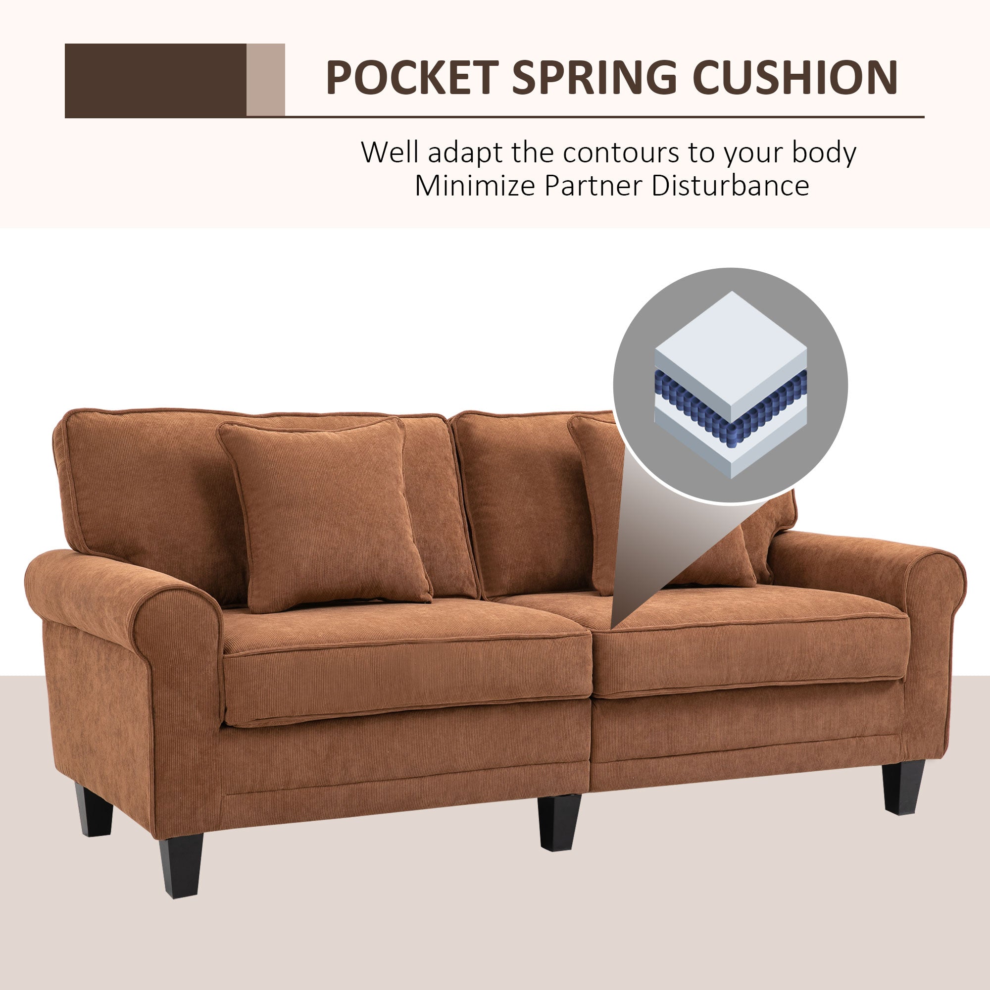 HOMCOM Modern 3 Seater Sofa, Corduroy Fabric 3 Seater Couch with Pine Wood Legs and Rolled Armrests for Living Room, Brown