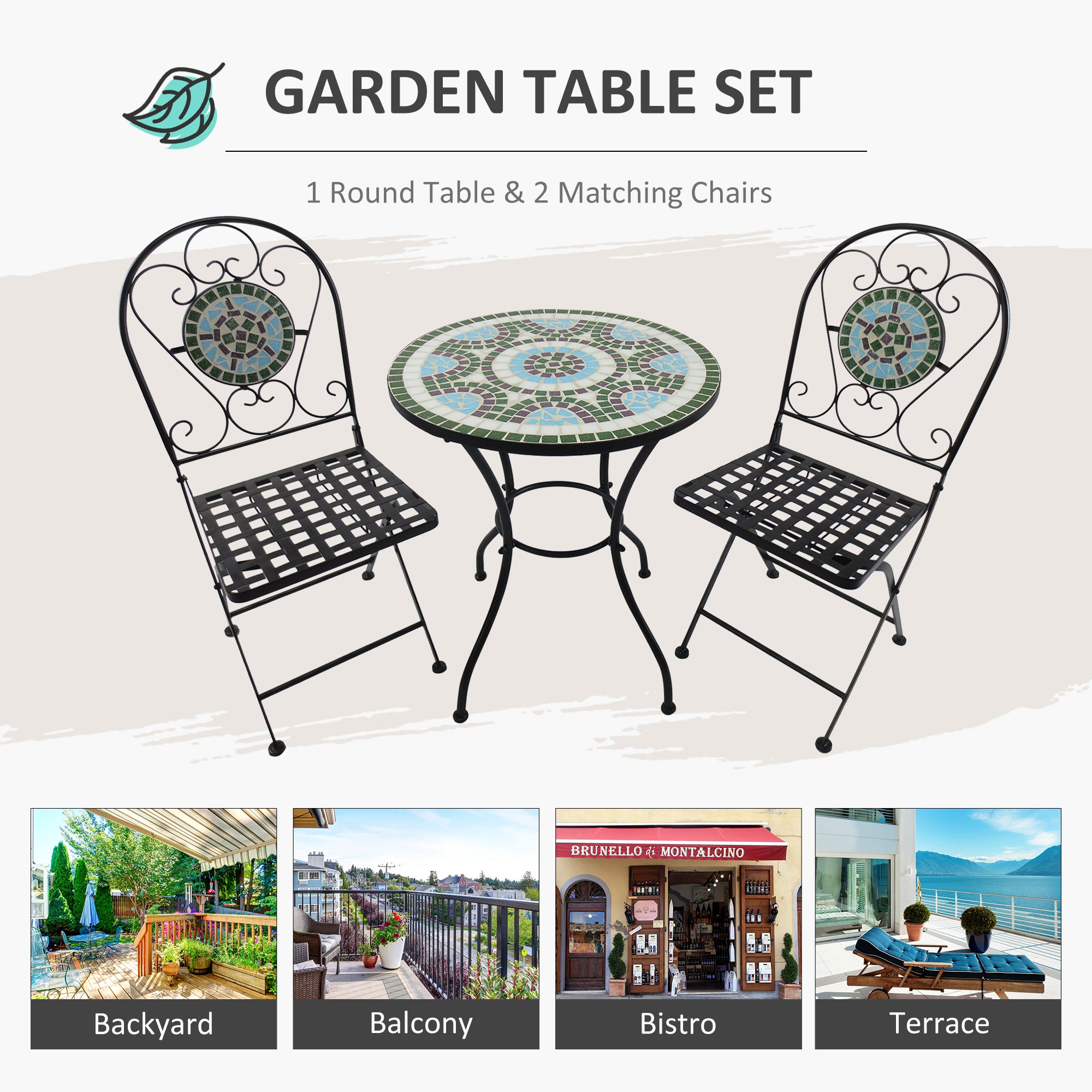 Outsunny 3 Piece Patio Bistro Set with Mosaic Design, Outdoor Dining Furniture Set for 2 with Folding Chairs, Green