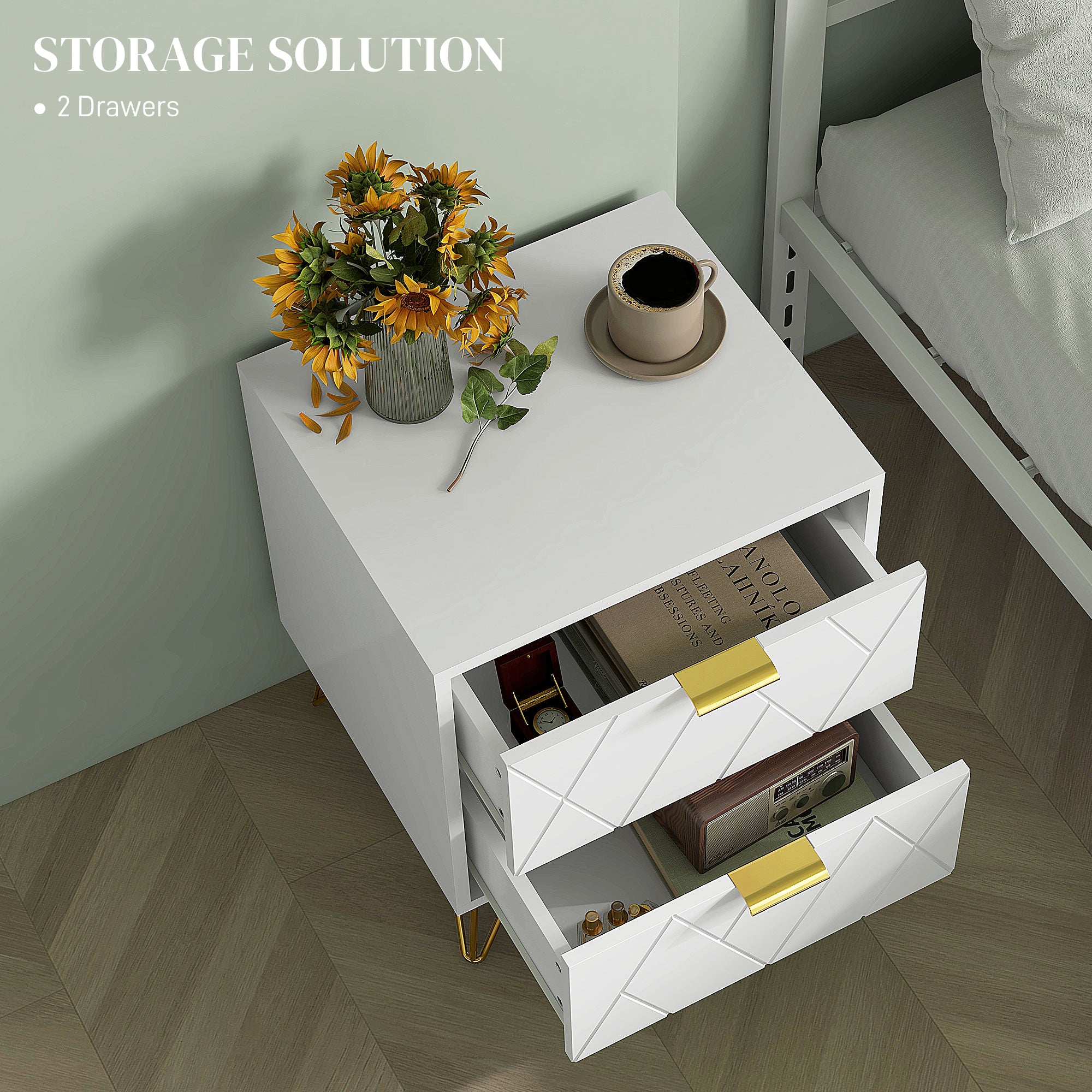 HOMCOM Modern Bedside Table, Accent Nightstand with 2 Drawers, Bed End Table for Bedroom, Living Room, White