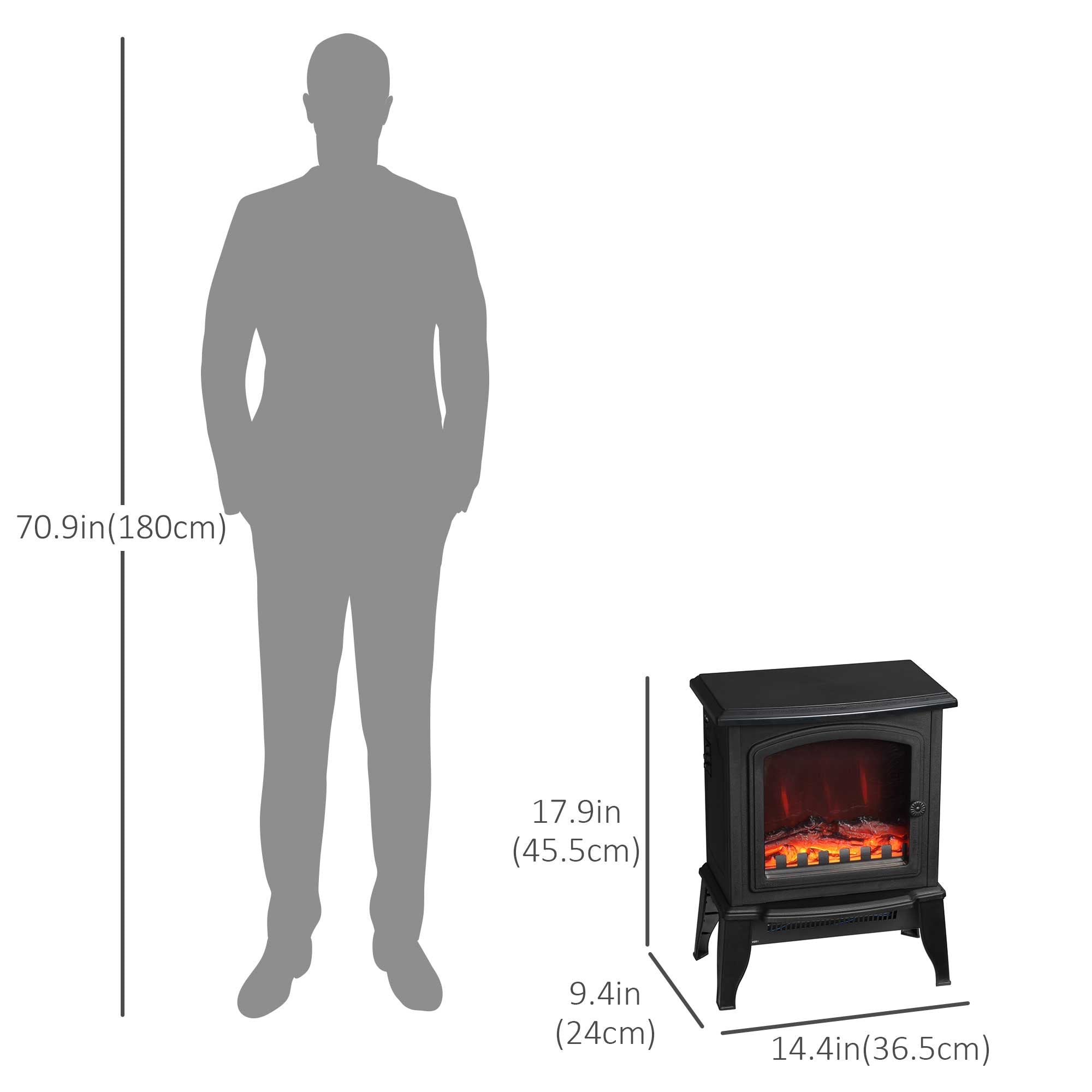 HOMCOM Electric Fireplace Heater, Freestanding Fireplace Stove with Realistic Flame Effect, Overheat Safety Protection, 750W/1500W, Black