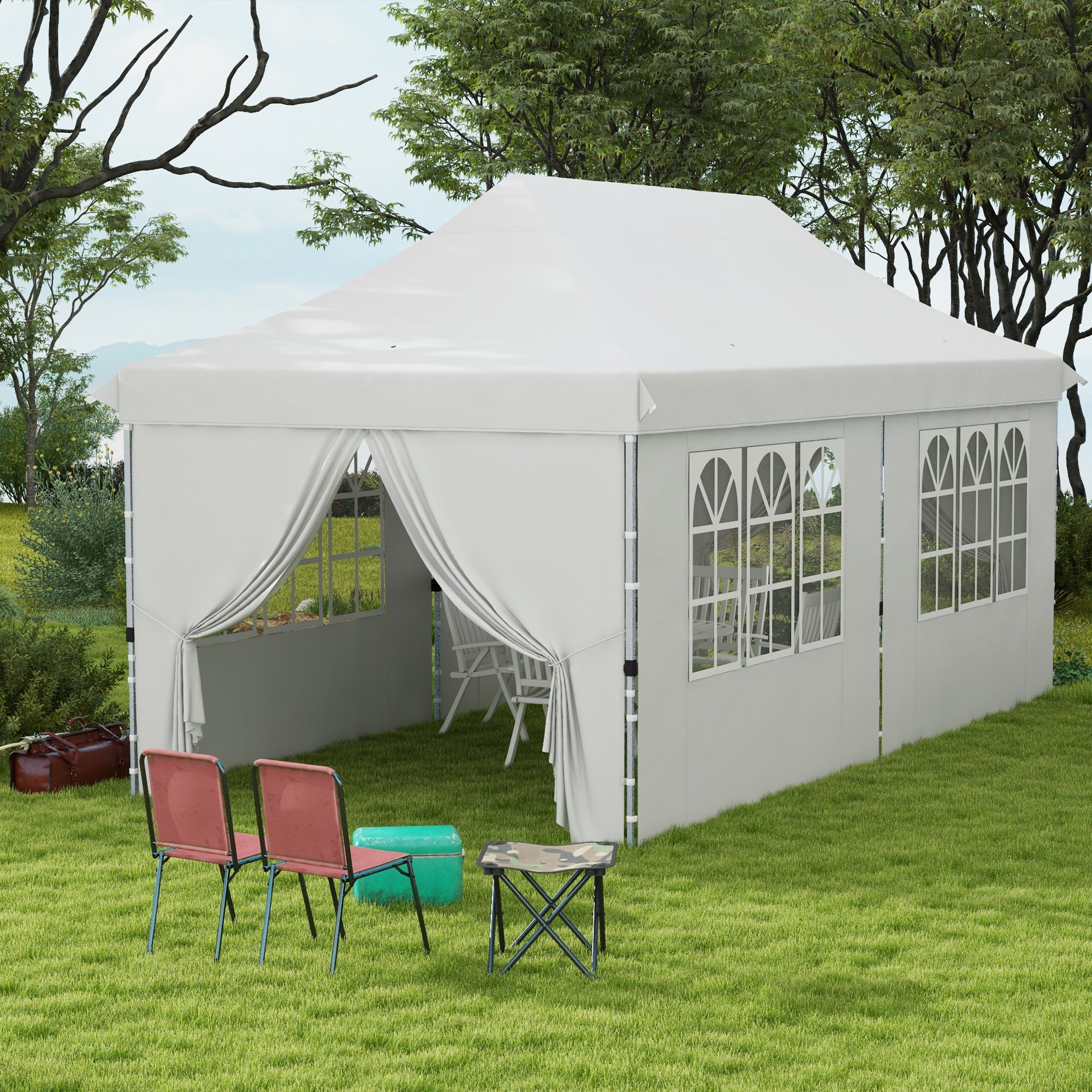 Outsunny 20x10 Pop Up Canopy with 6 Removable Sidewall, Carry Bag and 6 Sand Bags, Height Adjustable Instant Sun Shelter, White