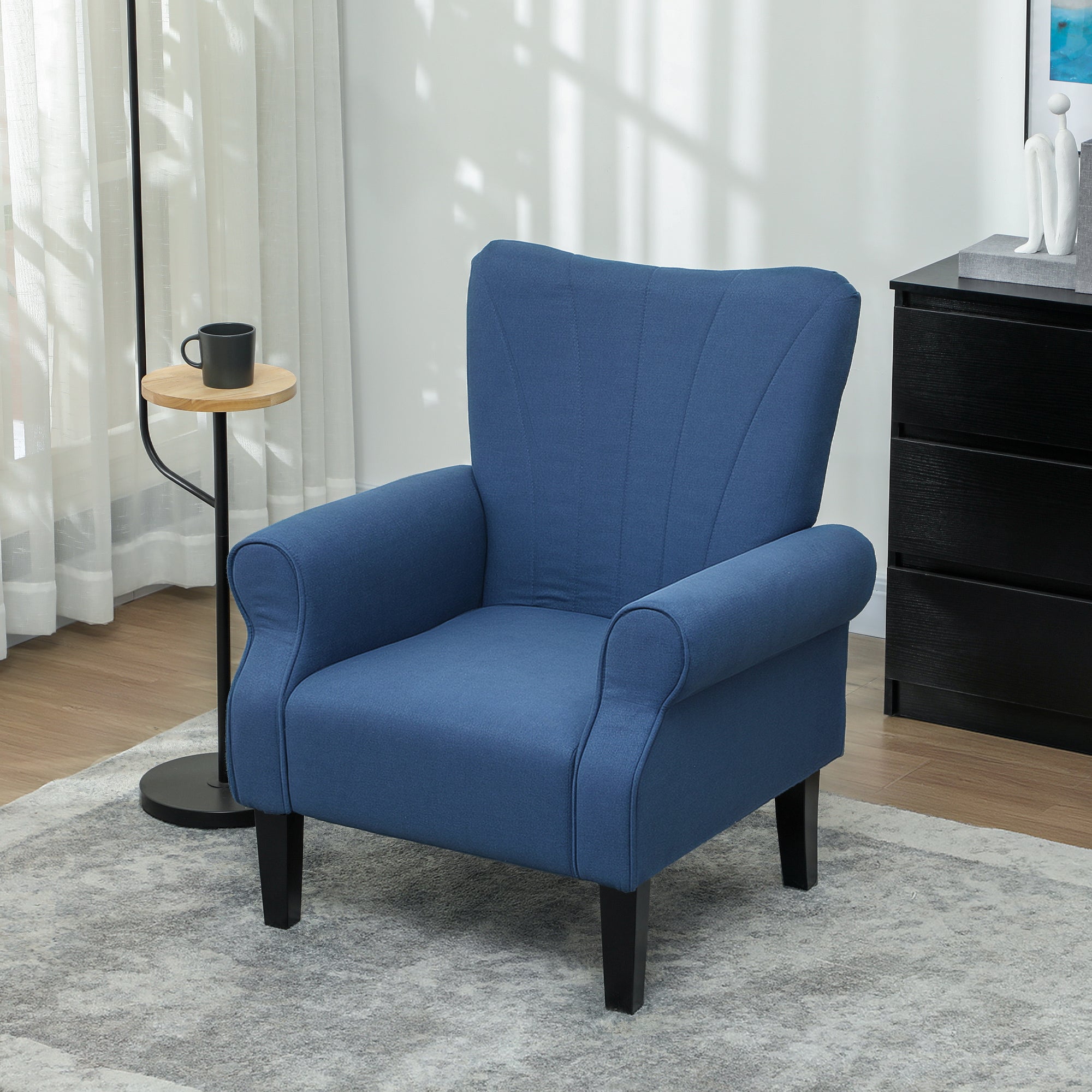 HOMCOM Fabric Armchair, Modern Accent Chair with Wood Legs for Living Room, Bedroom, Home Office, Dark Blue