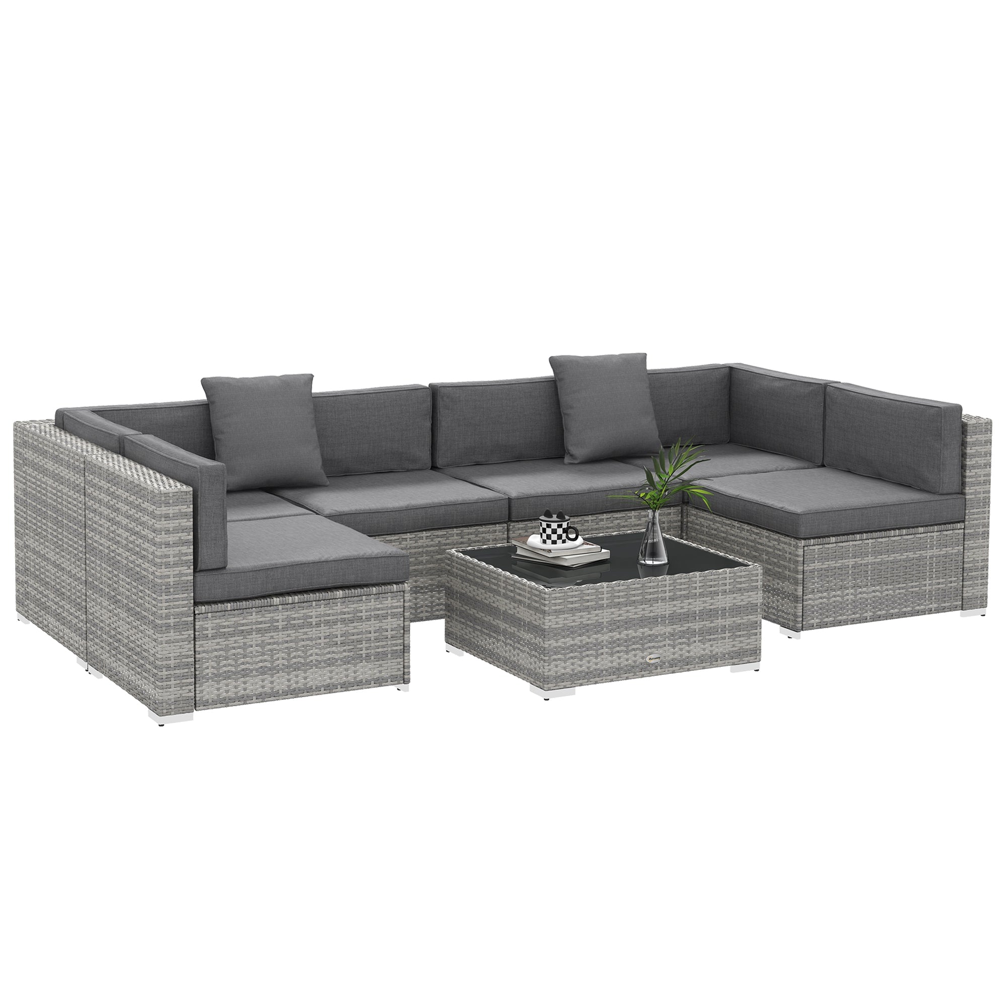 Outsunny 7pc Garden Wicker Sectional Set w/ Tea Table Patio Rattan Lounge Sofa Outdoor Deck Furniture Grey