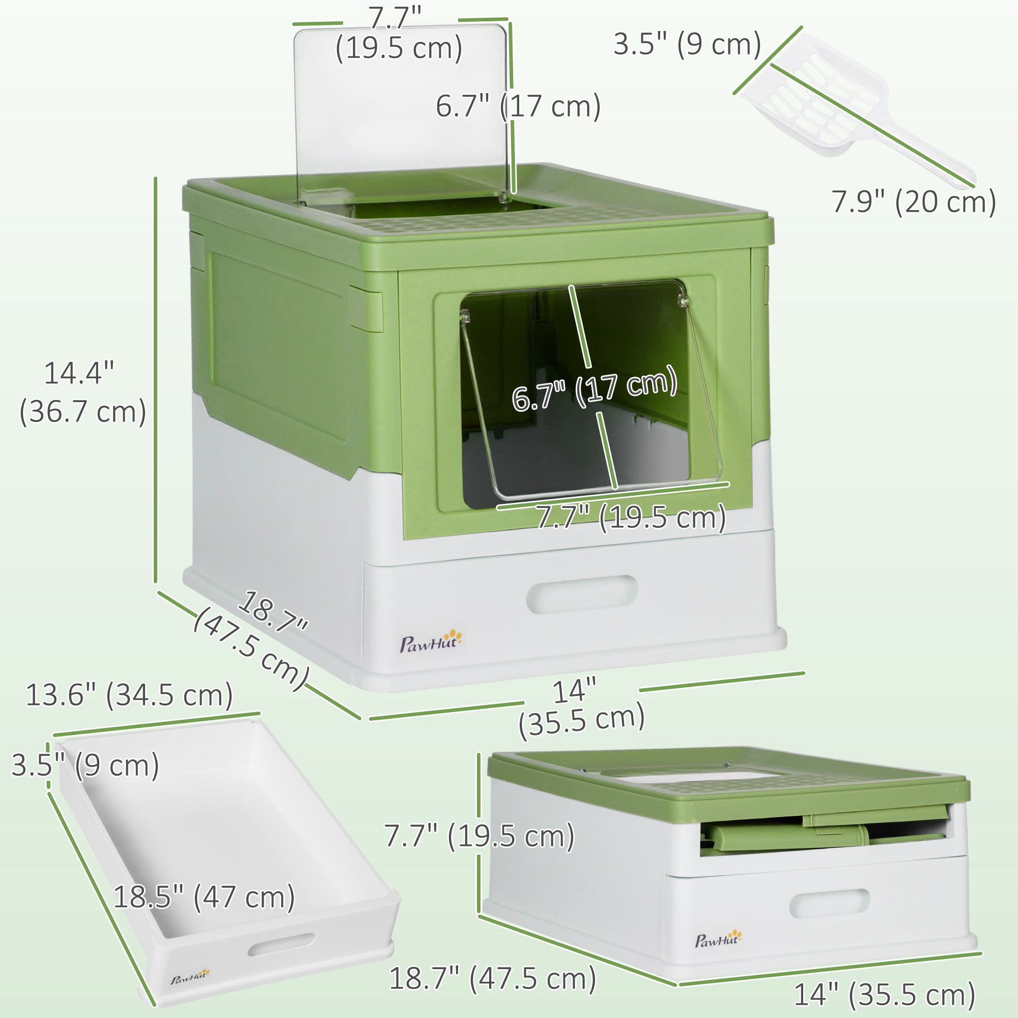 PawHut Top Entry Enclosed Kitty Litter Box with Scoop, Tray, Front Entry, Large Space, Foldable, Portable, Dark Green