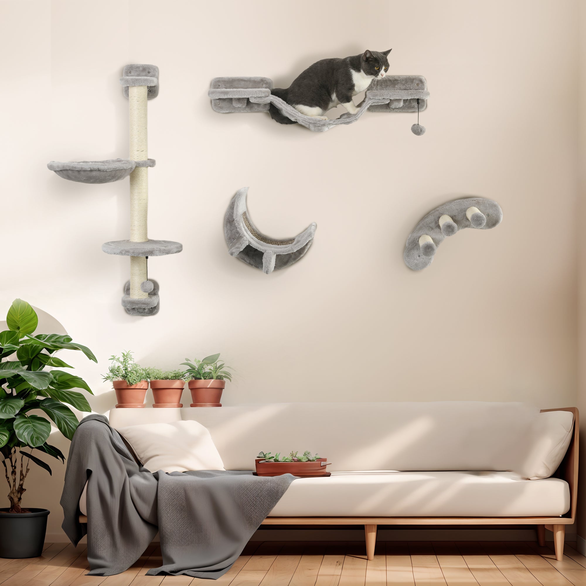 PawHut 4Pcs Cat Wall Shelf with Scratching Post, Cat Wall Shelves for Relaxing, Climbing, Cat Wall With Soft Ladder, Hammock, Play Balls, Grey