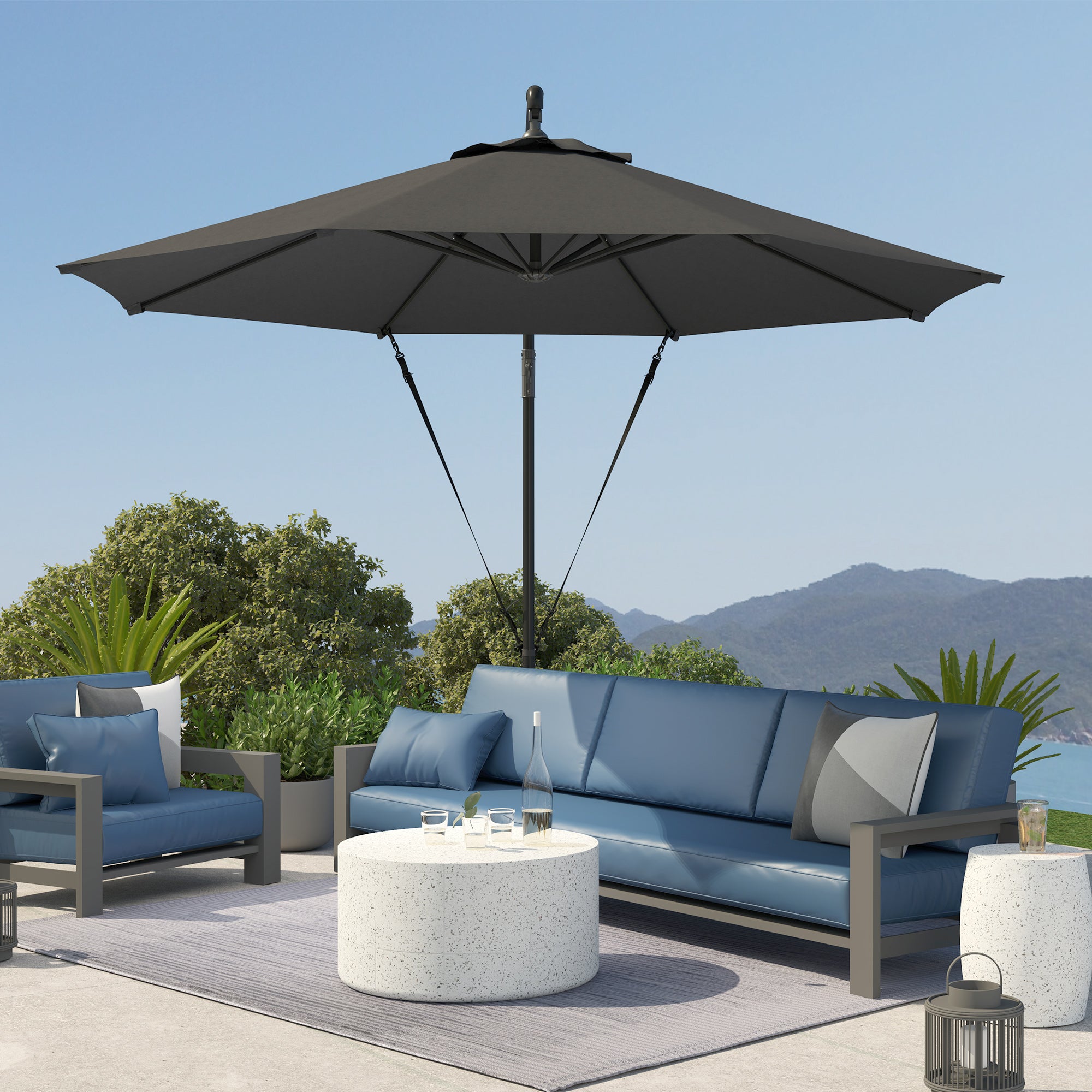 Outsunny 9.5' Cantilever Umbrella with Wind Protection Strap and Cover, Hanging Umbrella with Crank and Cross Base, UPF 50+, Grey
