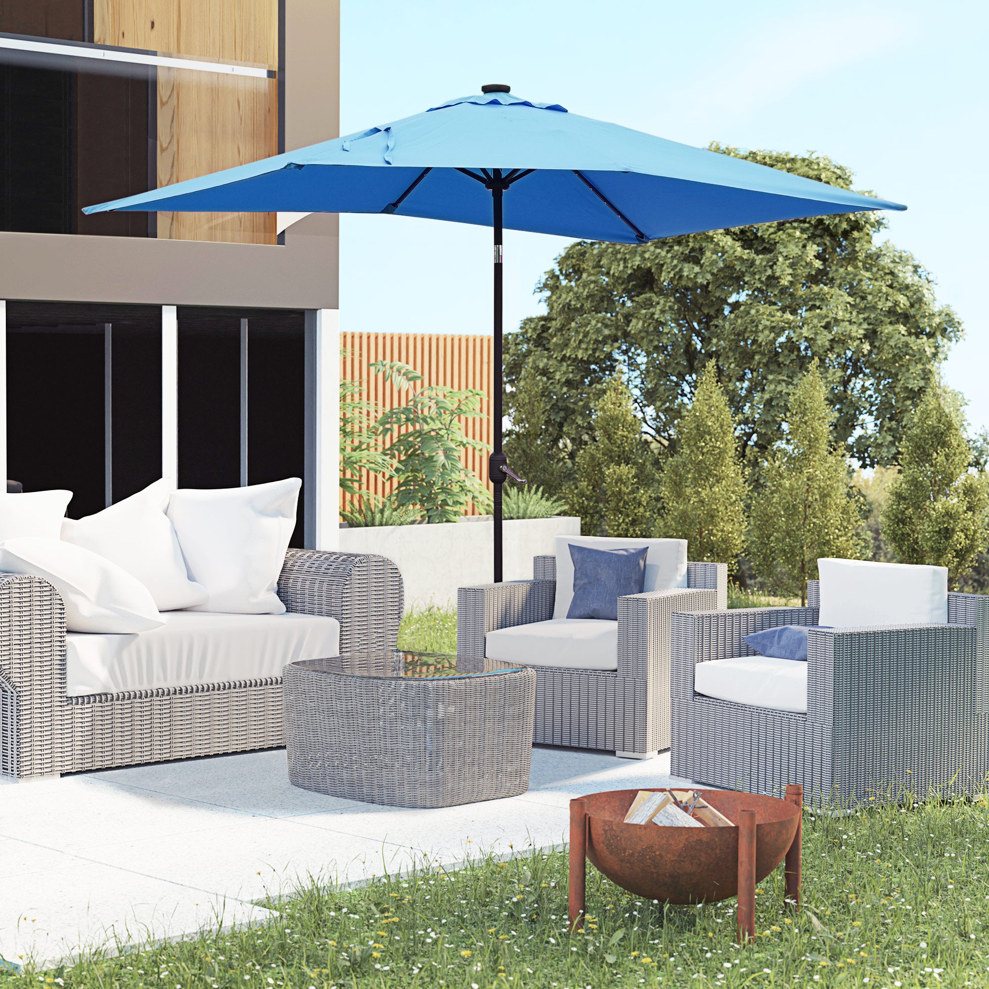 Outsunny 6' x 10' Patio Umbrella with 22 LED Solar Lights and Tilt, Rectangular Outdoor Table Umbrella with Crank, Light Blue