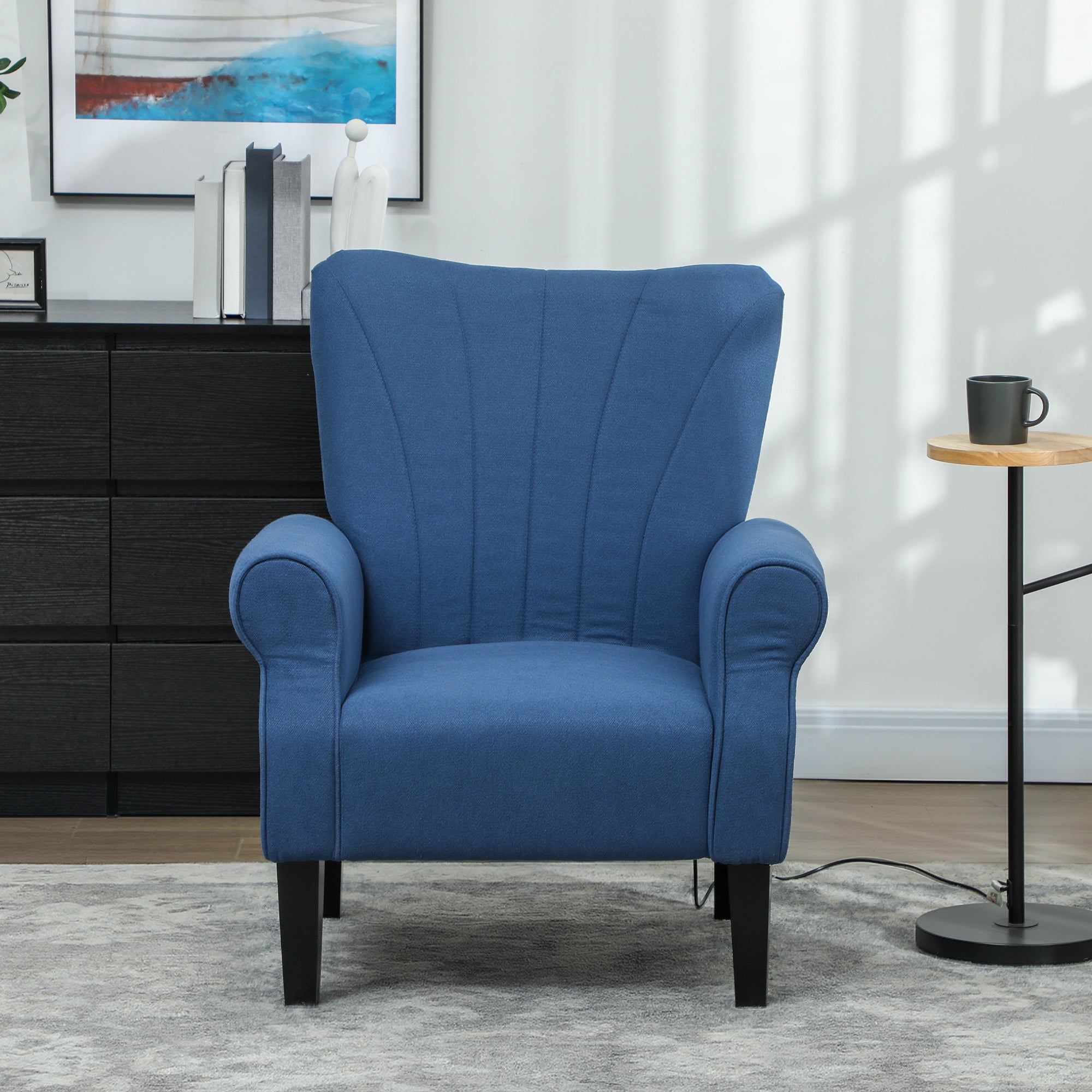 HOMCOM Fabric Armchair, Modern Accent Chair with Wood Legs for Living Room, Bedroom, Home Office, Dark Blue