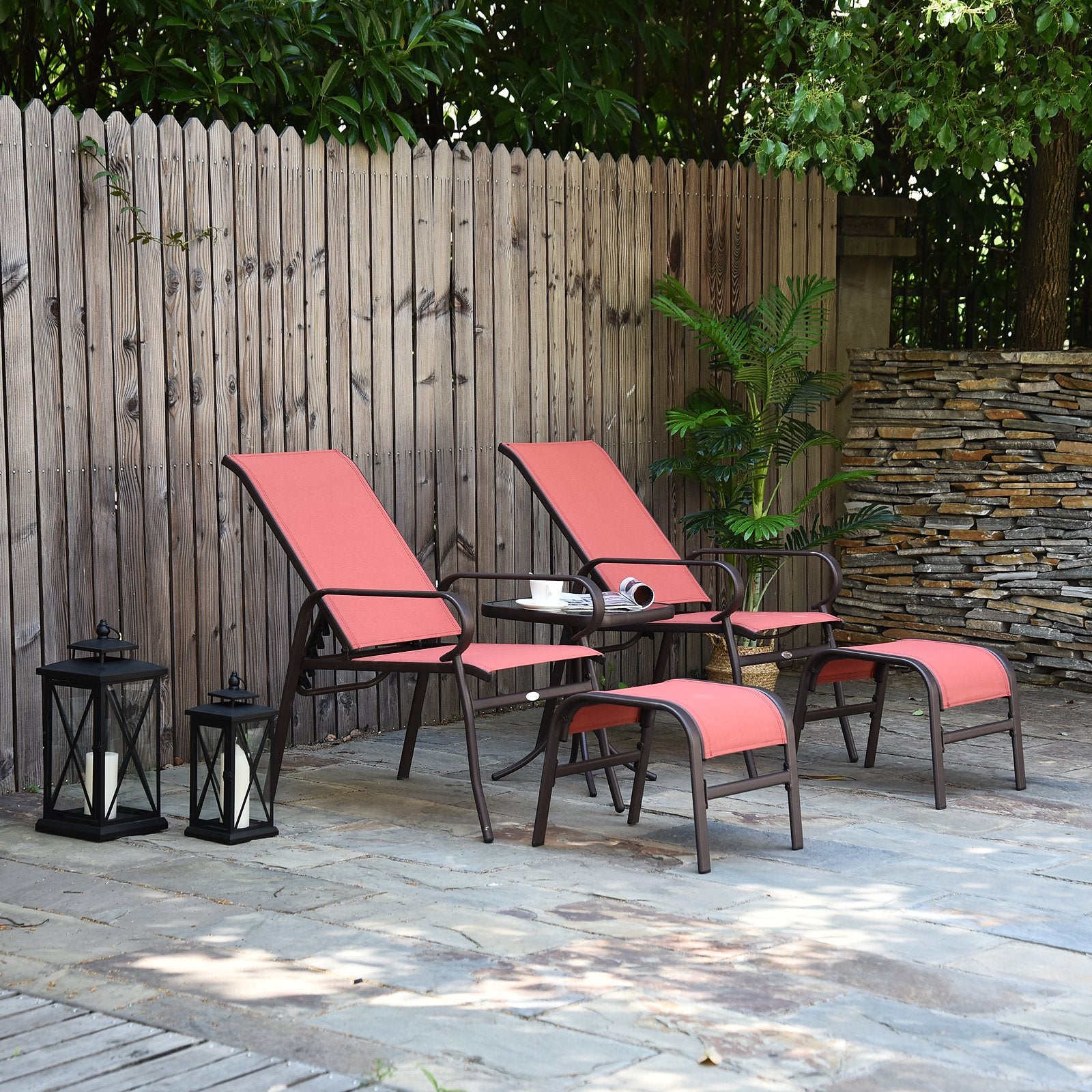 Outsunny 5pc Garden Sling Patio Bistro Set Outdoor Adjustable Lounger Table Footrest Set Brown