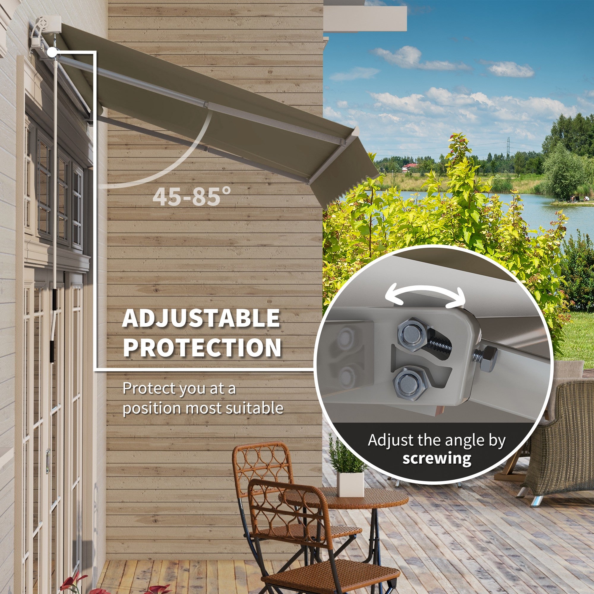 Outsunny 8'x7' Patio Awning Manual Retractable Sun Shade Outdoor Deck Canopy Shelter, Khaki