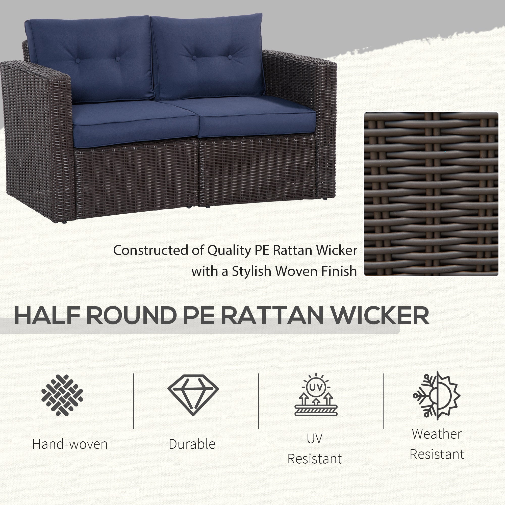Outsunny 2 Pieces Patio Furniture Set Outdoor Loveseat Wicker Corner Sofa Set Outdoor Freely Combination PE Rattan Furniture, W/ Curved Armrests & Padded Cushion for Balcony, Garden, Lawn, Dark Blue