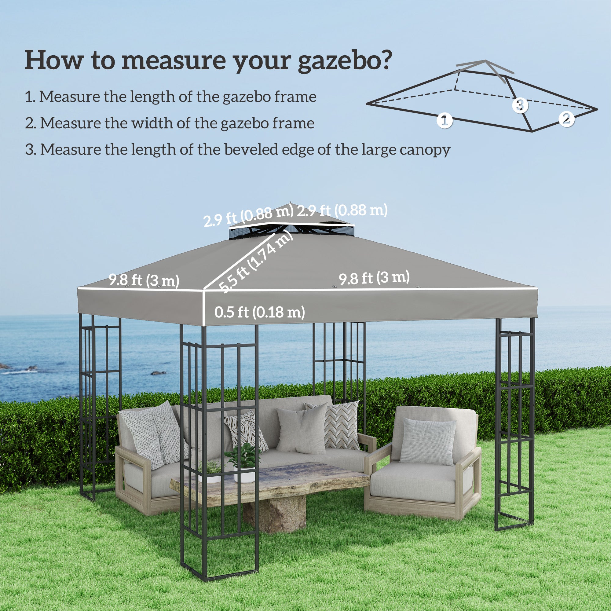 Outsunny 10' x 10' Gazebo Canopy Replacement Cover, 2-Tier Garden Gazebo Roof Replacement, UPF30+, TOP COVER ONLY, Grey