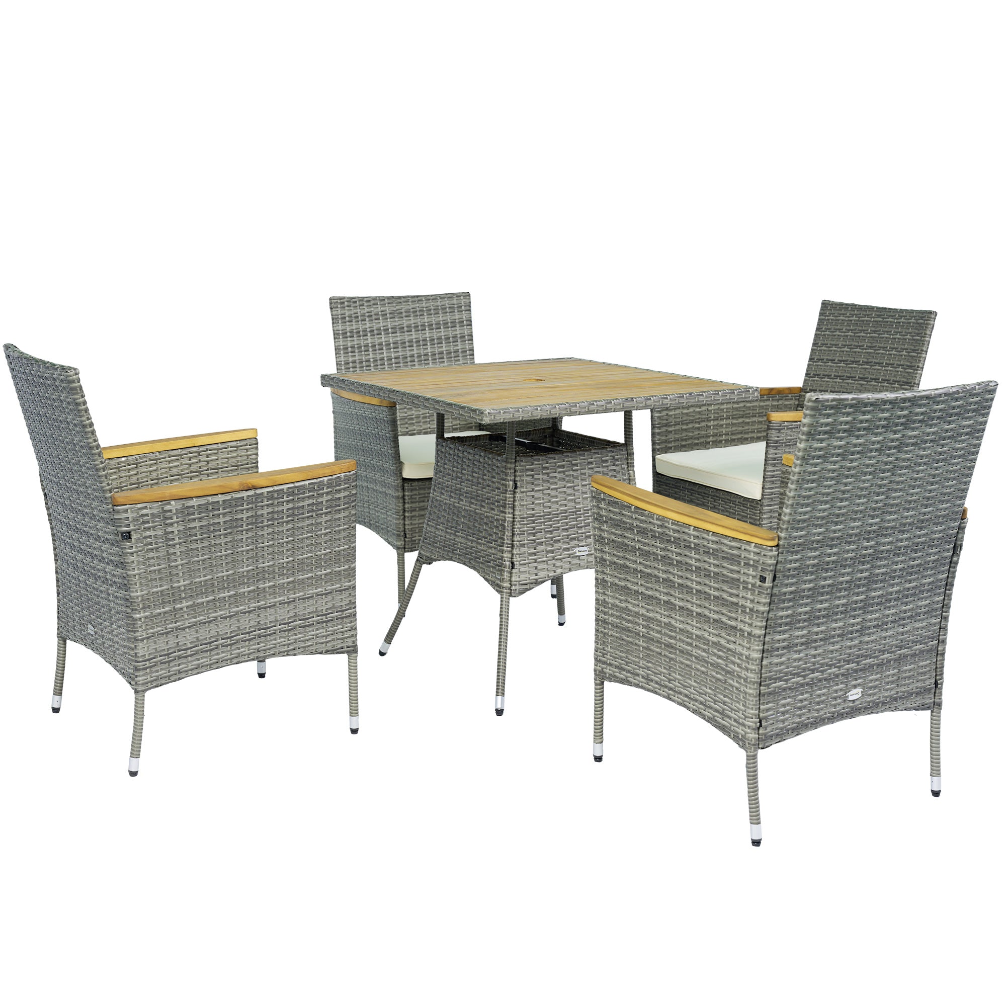 Outsunny 5 Piece Rattan Patio Dining Set with Umbrella Hole, Cushions, Outdoor Patio Table and Chairs for Garden Backyard, Teak