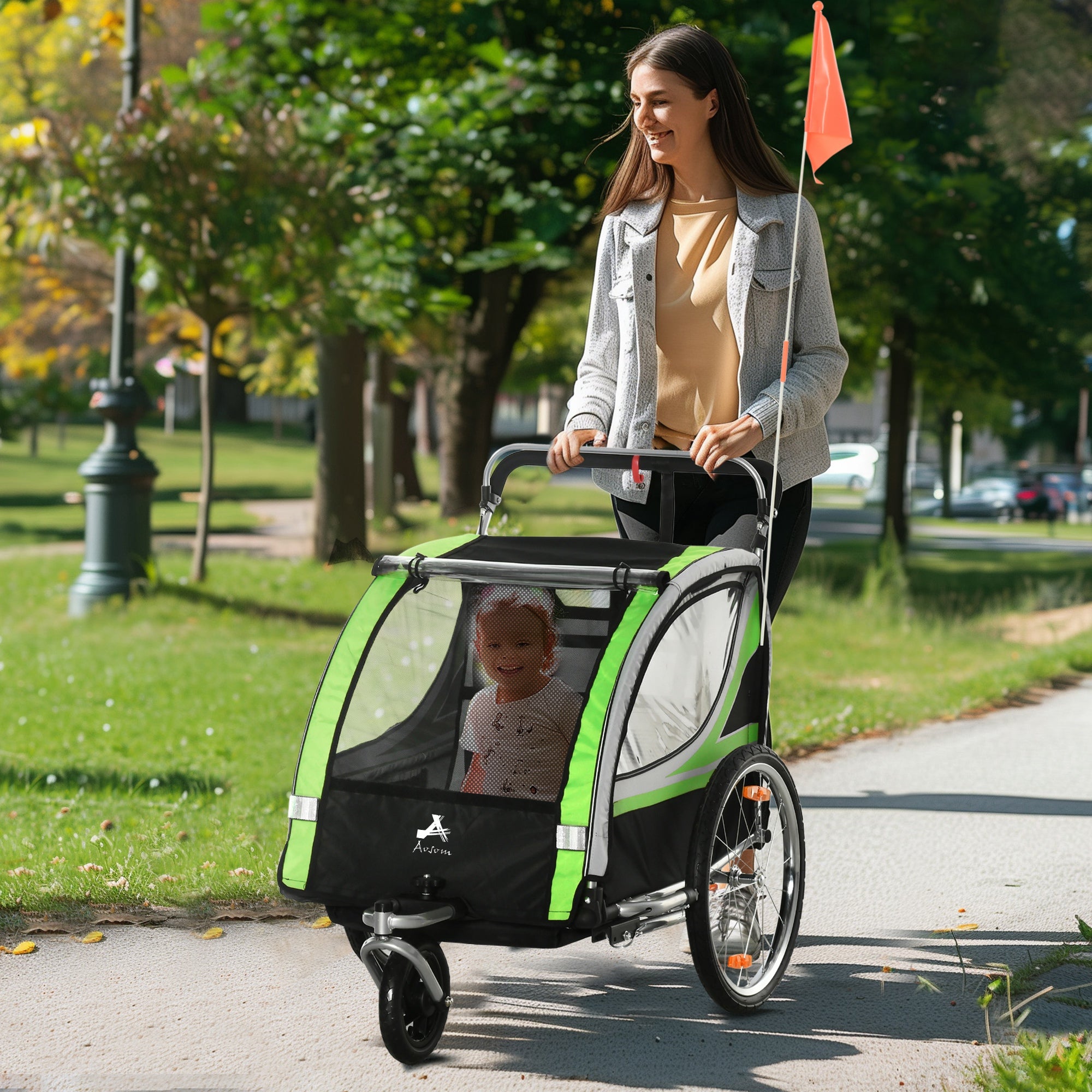 Aosom 2-in-1 Double Baby Jogging Stroller, Bike Trailer for Kids & Toddlers with Handbrake, 5 Point Harness, Waterproof Cover, Storage Bag, Safety Flag, Reflectors, Green