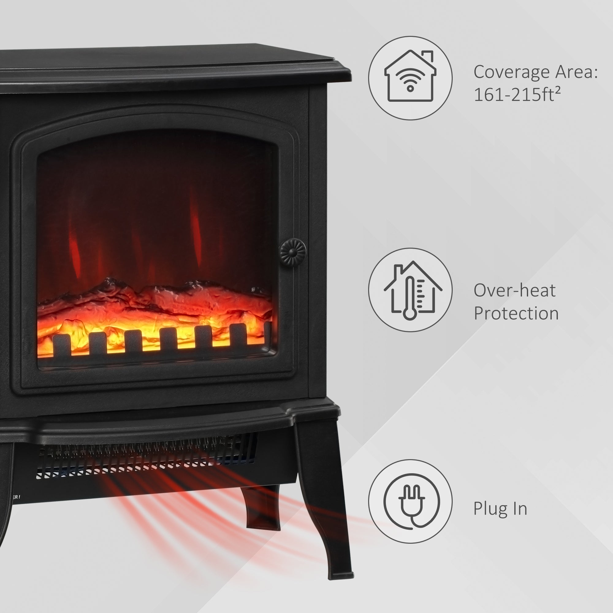 HOMCOM Electric Fireplace Heater, Freestanding Fireplace Stove with Realistic Flame Effect, Overheat Safety Protection, 750W/1500W, Black