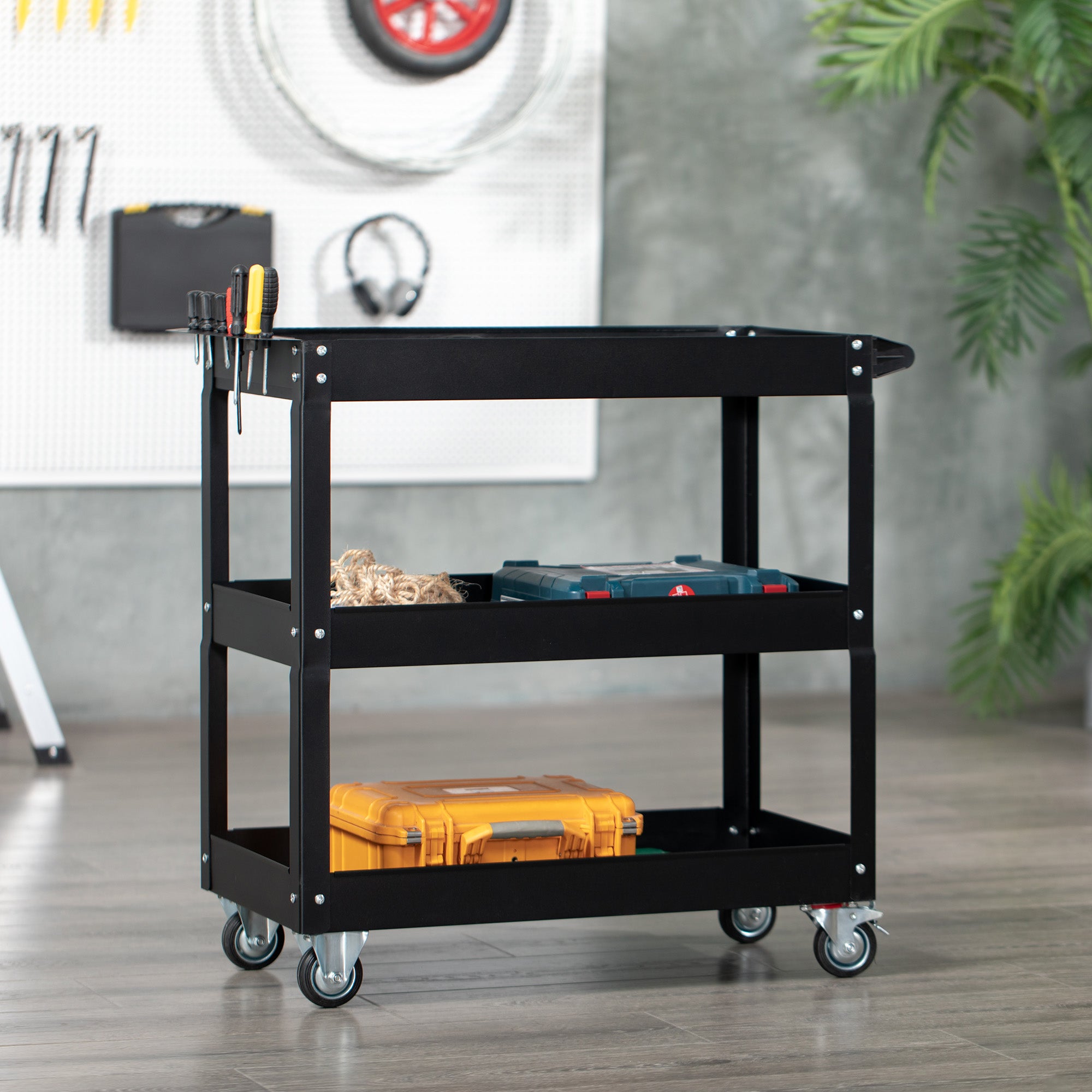 DURHAND 3 Tier Rolling Tool Cart with Wheels, 330 LBS Capacity Heavy Duty Utility Cart, Steel Mobile Service Cart for Garage, Mechanics and Warehouse, Black
