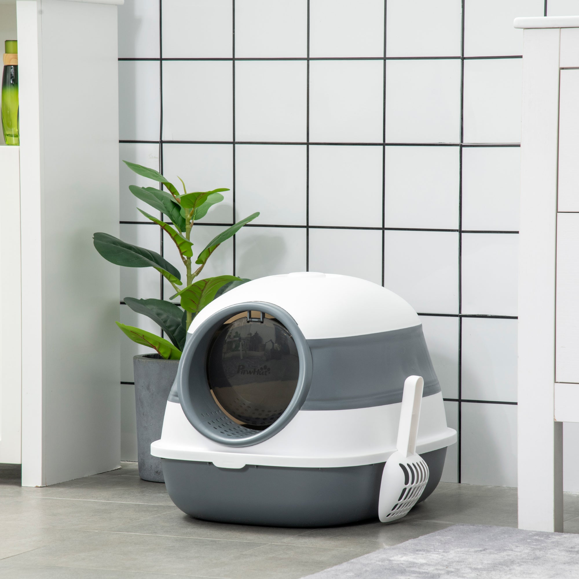 PawHut Foldable Large Cat Litter Box with Lid, Covered Kitten Litter Box w/ Automatic Cat Litter-Proof Sides, Deodorization, Easy to Clean, White and Grey
