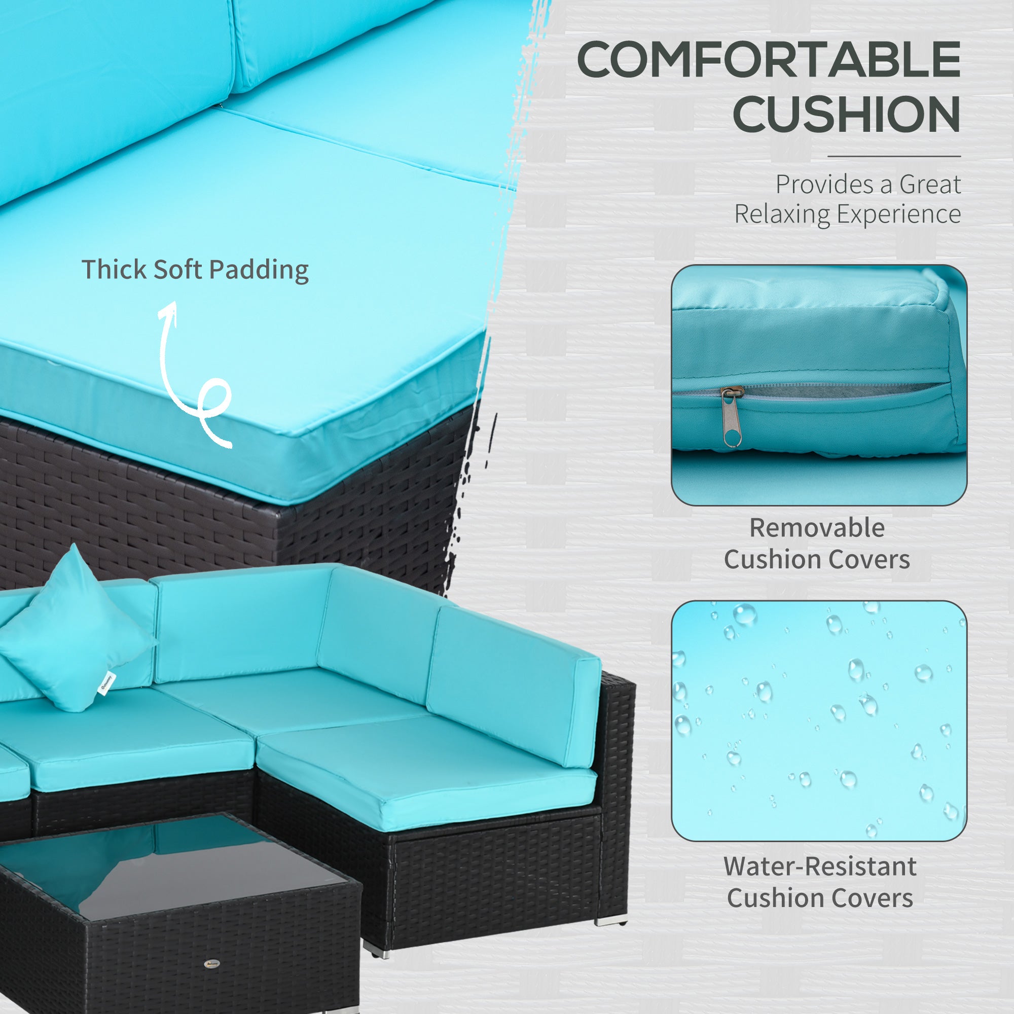 Outsunny 7 Pieces Patio Sofa Outdoor Wicker Sectional Patio Furniture, Deep Coffee & Light Blue