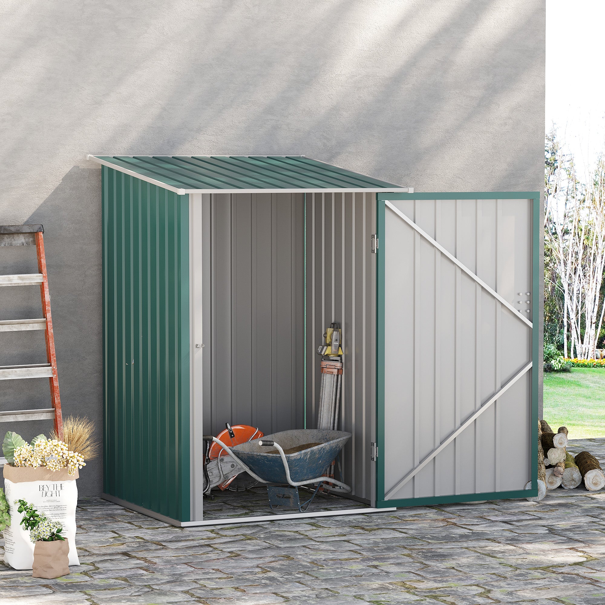 Outsunny 3.3' x 3.4' Lean-to Garden Storage Shed, Outdoor Galvanized Steel Tool House with Lockable Door for Patio Green