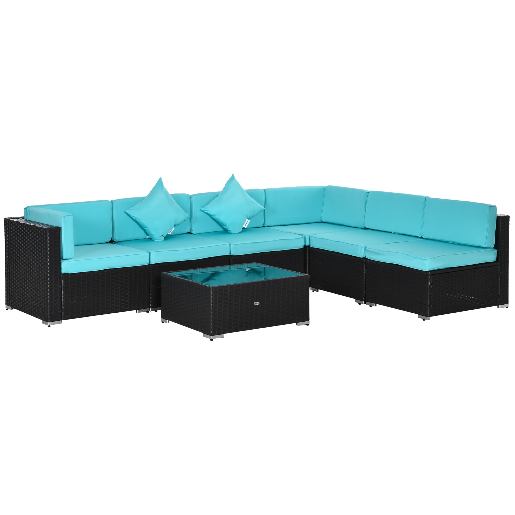 Outsunny 7 Pieces Patio Sofa Outdoor Wicker Sectional Patio Furniture, Deep Coffee & Light Blue