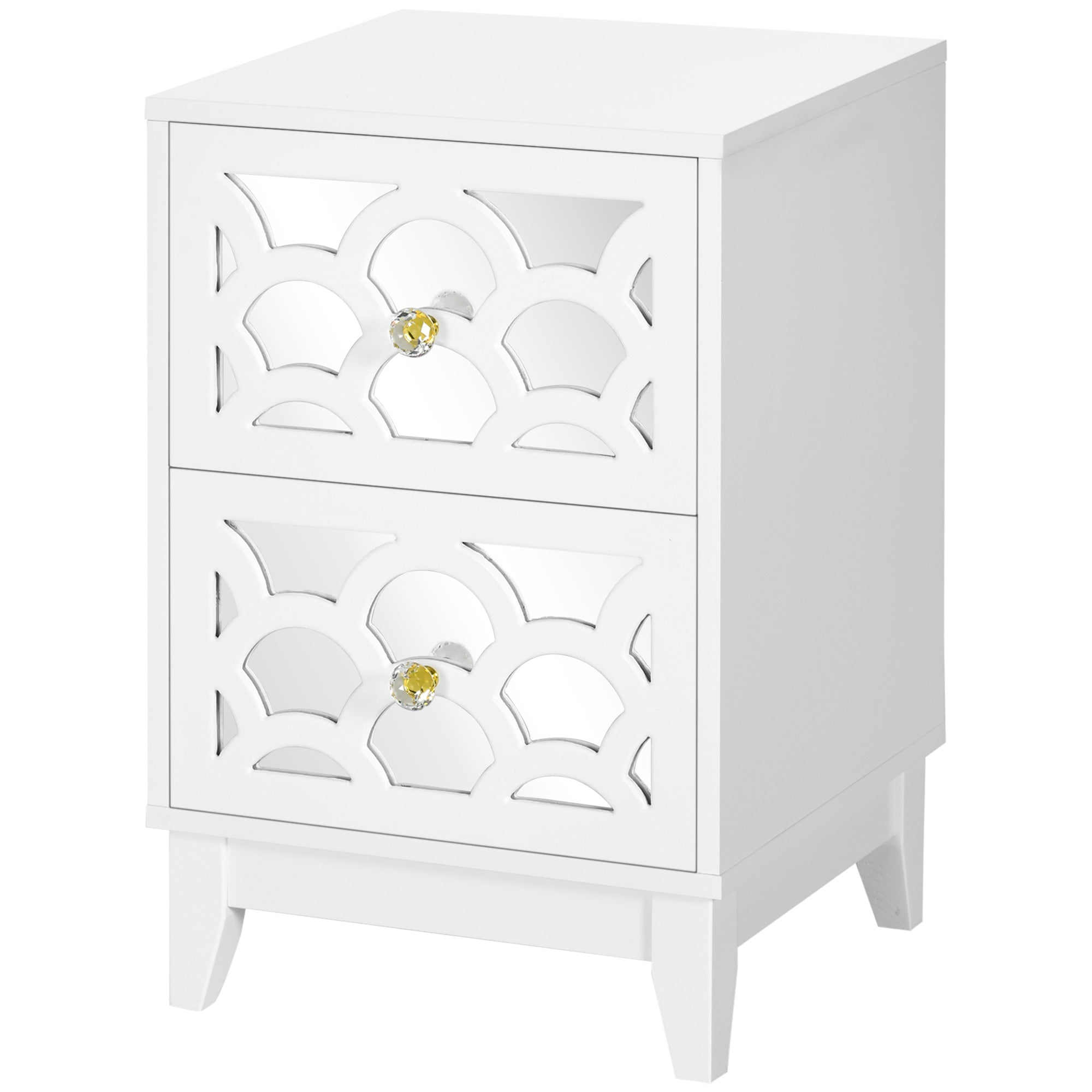 HOMCOM Modern Bedside Table, Side End Table with Drawers and Front Mirror, 15.4"x14.4"x23.6", White