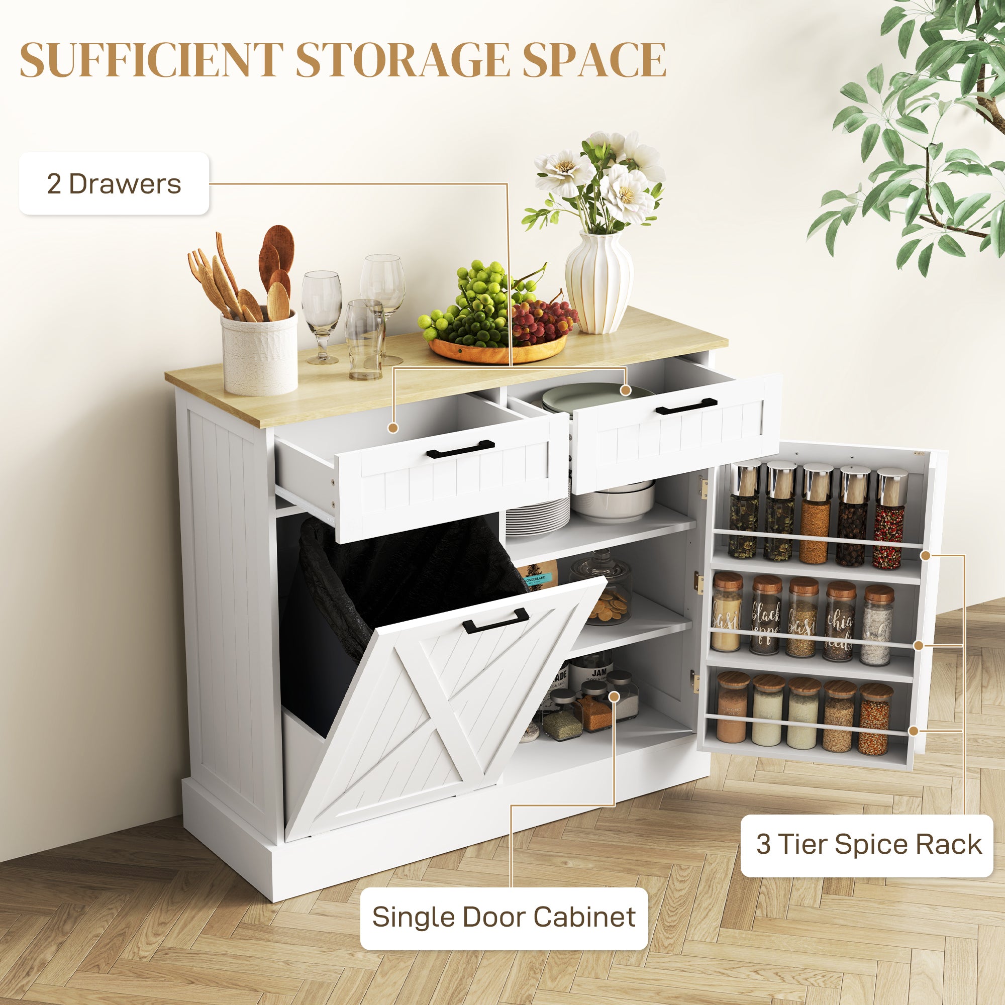 HOMCOM 10 Gallon Hidden Garbage Bin Cabinet, Tilt Out Trash Cabinet w/ 2 Drawers, Freestanding Kitchen Island, White
