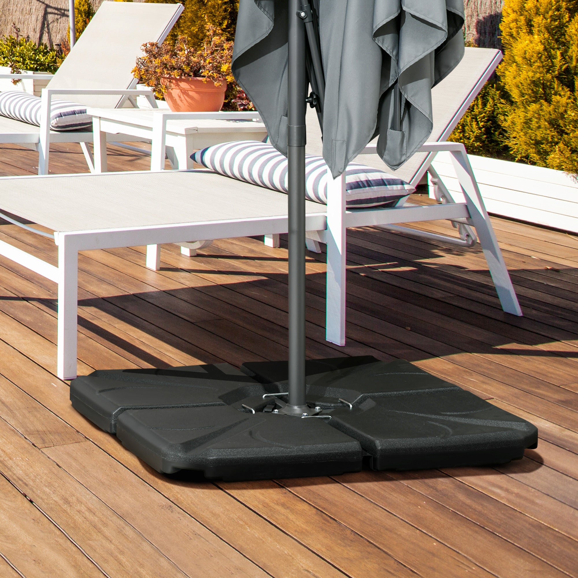 Outsunny 4 Piece Umbrella Base Stand Cantilever Offset Patio Umbrella Weight Plates w/ U Locking, 123 lb Capacity Water or 158 lb Capacity Sand, Black