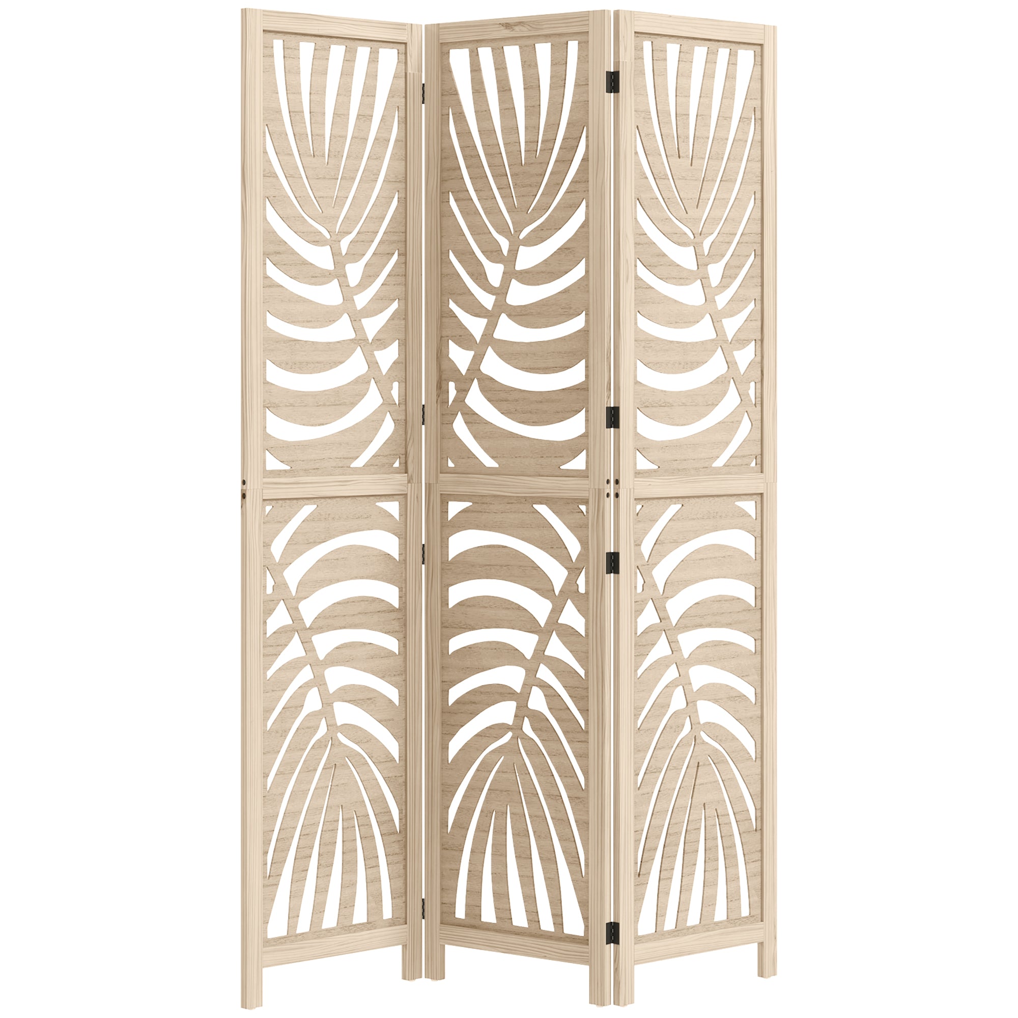HOMCOM 3 Panel Room Divider, Detachable Folding Privacy Screens with Palm Leaf Design for Home Office, Natural Wood Finish