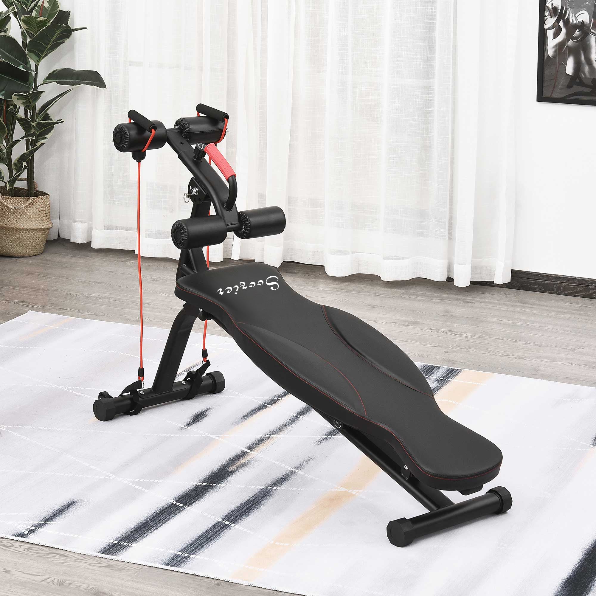 Soozier Foldable Sit Up Bench with Resistant Bands, Decline Slant Bench with 4 Adjustable Height, Reverse Crunch Handle, Strength Training Workout Bench
