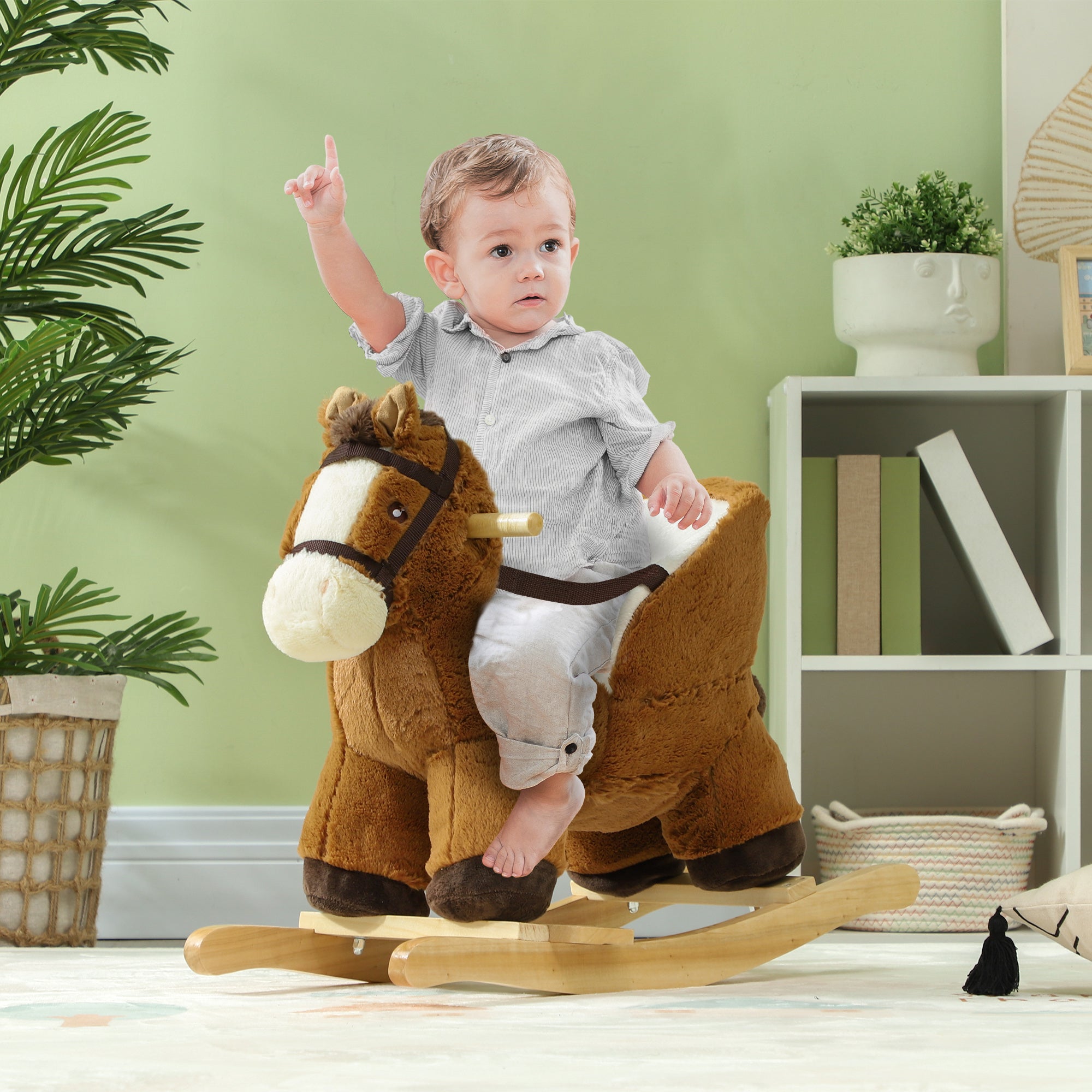 Qaba Baby Rocking Horse, Plush Animal Rocker for Toddlers Aged 18-36 Months with Sounds, Seat Belt