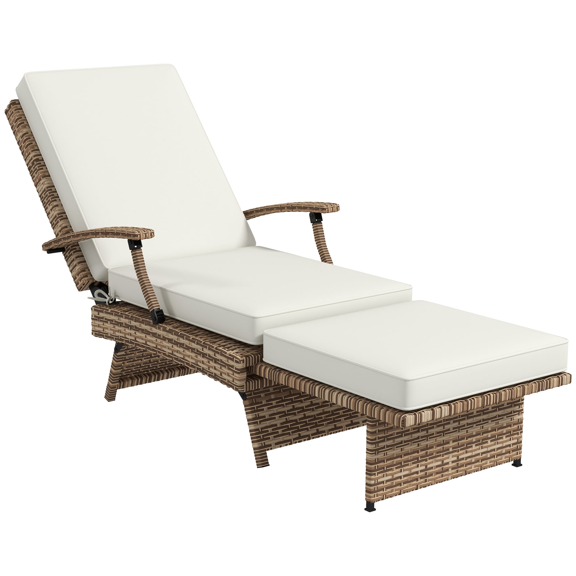 Outsunny Outdoor Wicker Foldable Recliner Chair with Retractable Footrest, Cushion, White