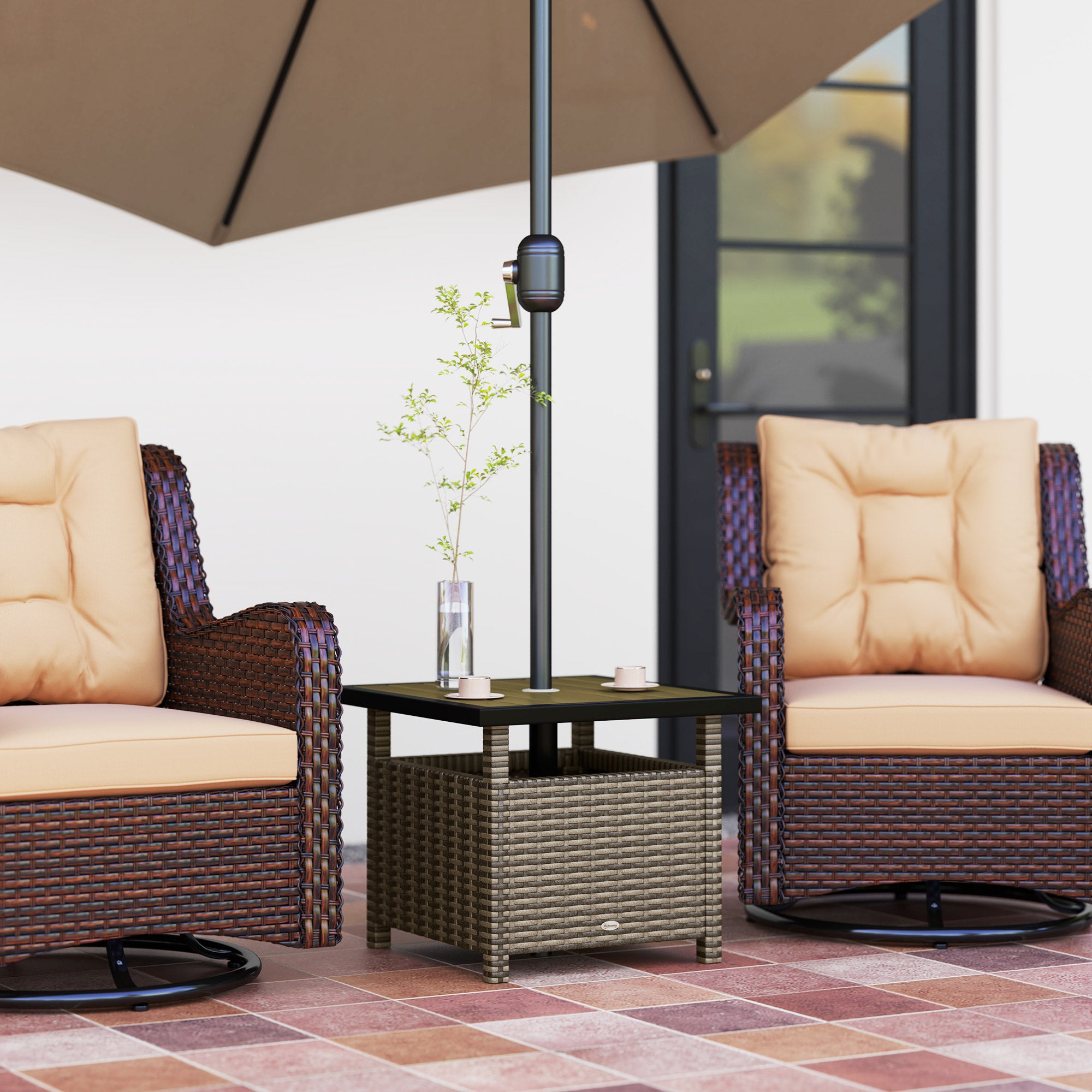 Outsunny 22" Square Steel PE Rattan Wicker Table With Umbrella Hole, Outdoor Patio Accent Dining Side Table Used as Umbrella Stand, Mixed-Grey