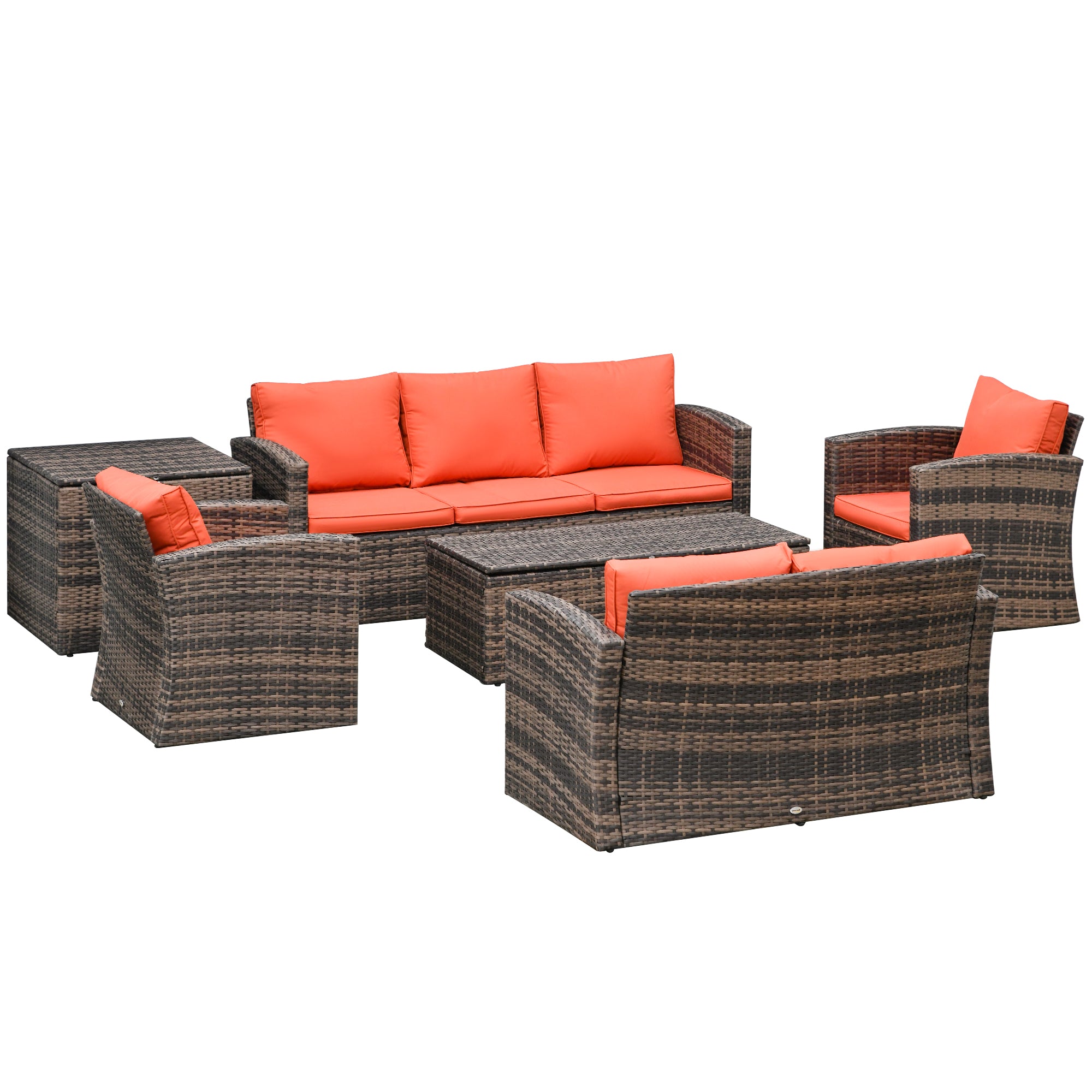 Outsunny 6 Pieces Wicker Patio Furniture Set with Cushions, 7-Seater Rattan Patio Sofa Set with Storage Table, Orange