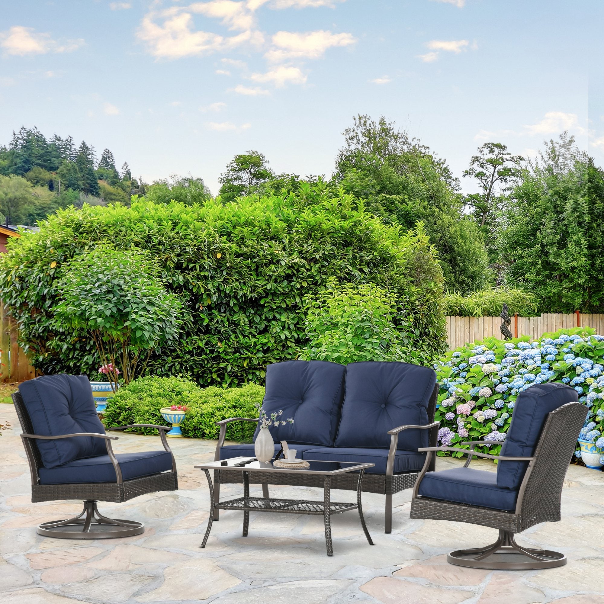 Outsunny 4 PCS Patio PE Rattan Wicker Sofa Set Outdoor Conversation Furniture w/ Two Tier Tea Table & Cushions, Navy Blue