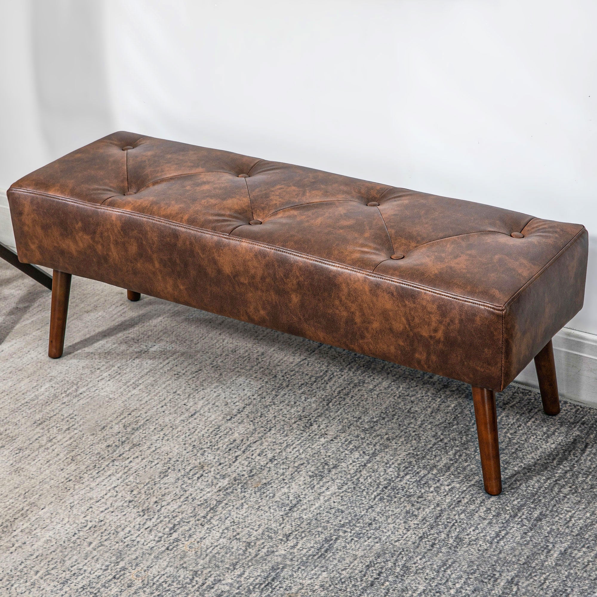 HOMCOM Bedroom Bench, End of Bed Bench with Button Tufted, PU Leather Upholstered Entryway Bench with Wood Legs, Brown