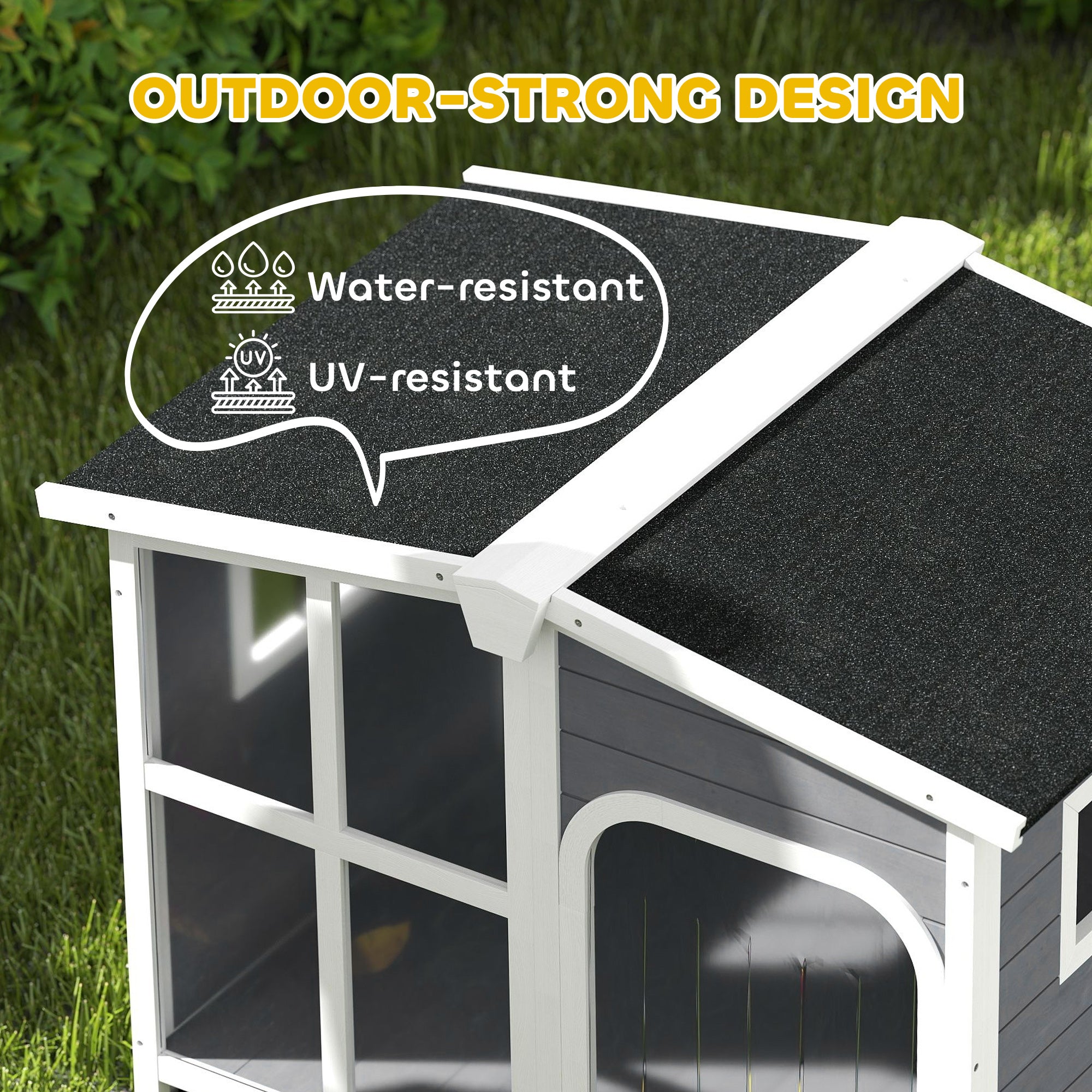 PawHut Wooden Dog House, Raised Pet Kennel with Removable Bottom, Openable Asphalt Roof, Door Curtain, Side Windows, Dark Grey