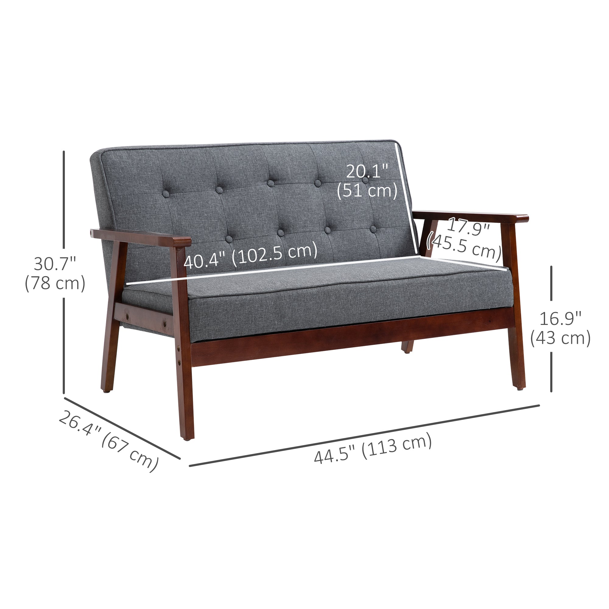 HOMCOM 44.5" 2 Seat Sofa for Bedroom, Modern Upholstered Loveseat with Button Tufted Back and Wood Legs, Grey