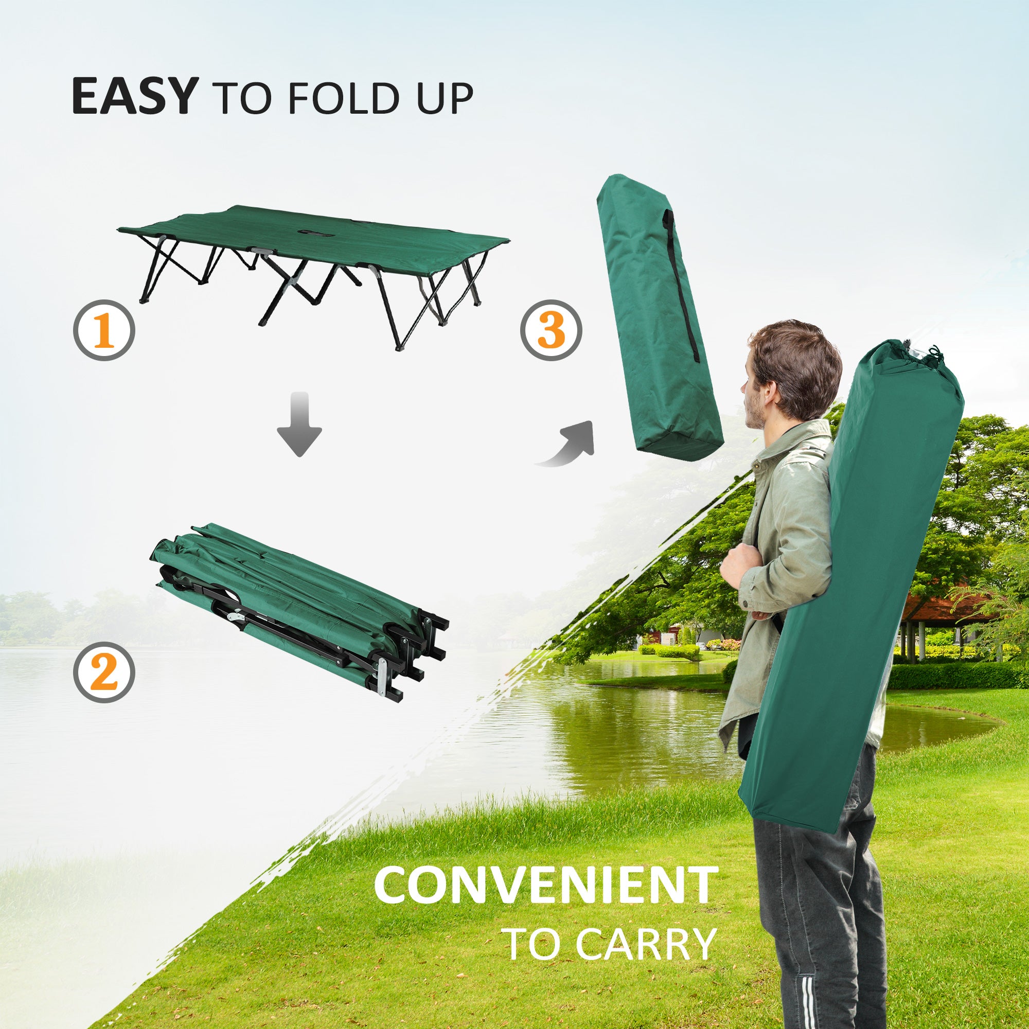 Outsunny 76" Two Person Folding Camping Cot Outdoor Portable Double Cot Wide Military Sleeping Bed w/ Carrying Bag Green