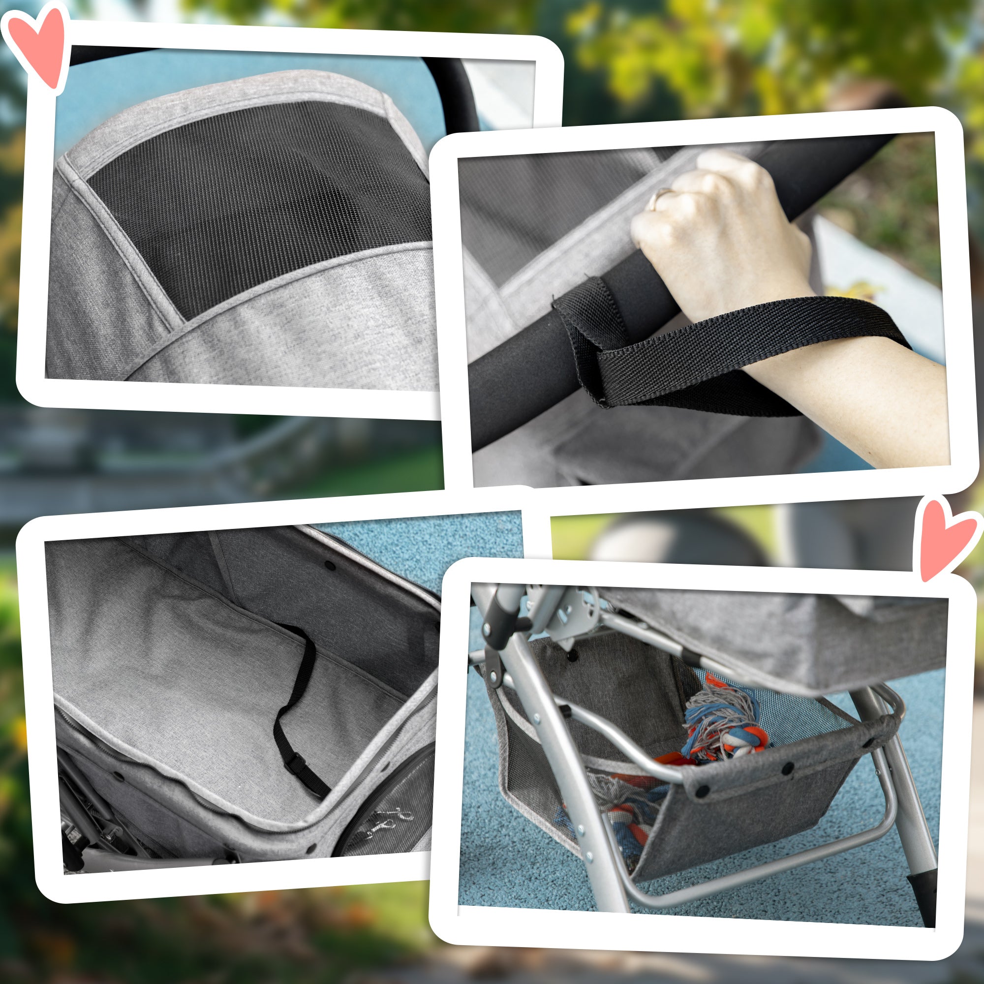 PawHut 4 Wheels Pet Stroller w/ Reversible Handle, Foldable Dog Cat Travel Carriage w/ EVA Wheels Basket Storage Bag 3-stage Canopy Grey