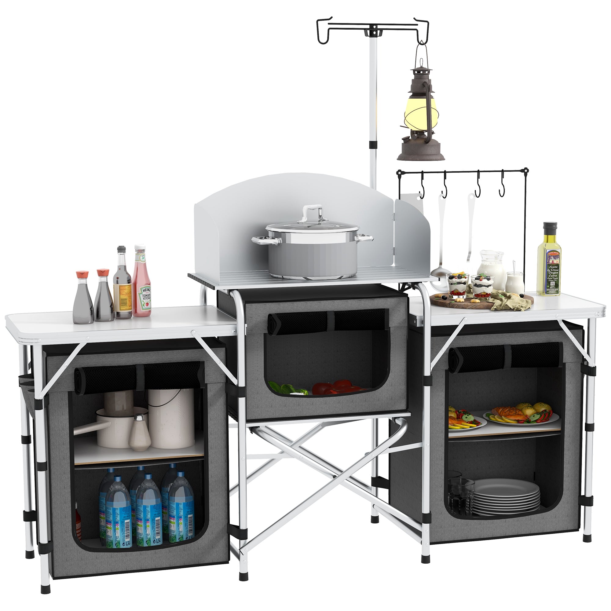 Outsunny Aluminum Camping Kitchen, Portable Folding Camping Table with Fabric Cupboards, Windshield, Bag for BBQ, Picnic, Grey