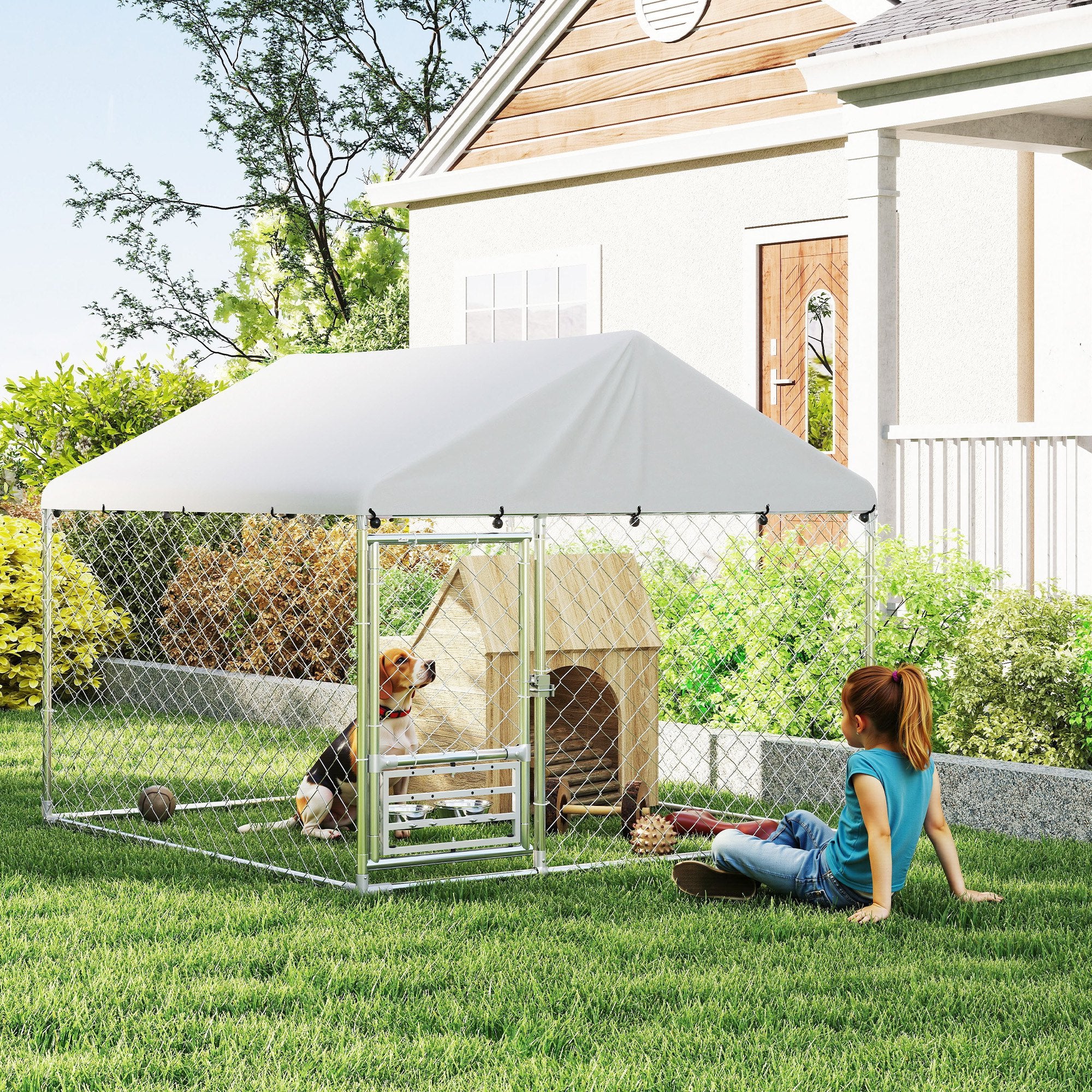 PawHut Outdoor Dog Run w/ Adjustable & Rotating Bowls, Waterproof UV-Resistant Cover, Secure Lock, 6.6' x 6.6' x 5.1'