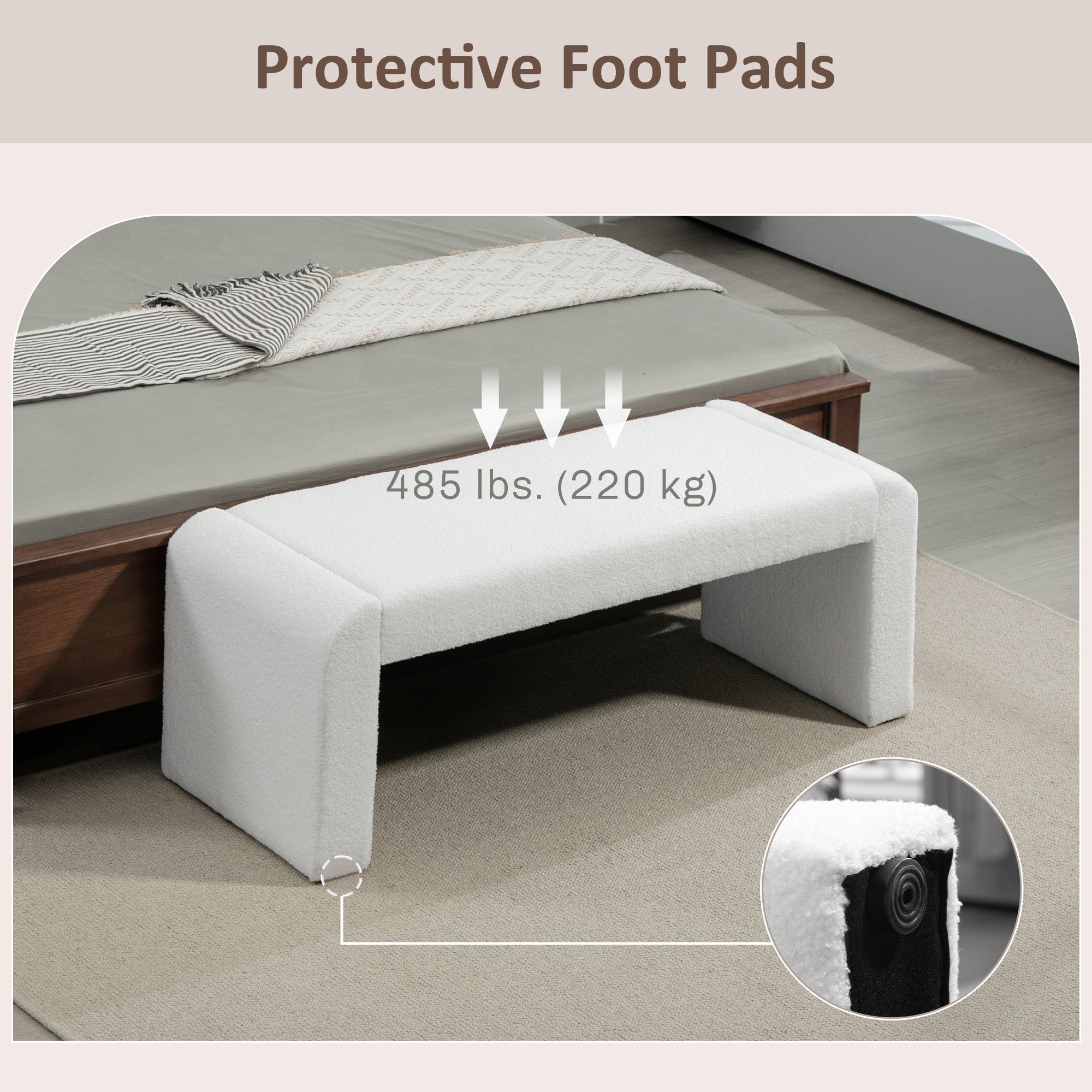 HOMCOM Upholstered Bedroom Bench, Boucle End of Bed Bench, Modern U-Shaped Entryway Bench, 47 x 18 x 18 Inches, White