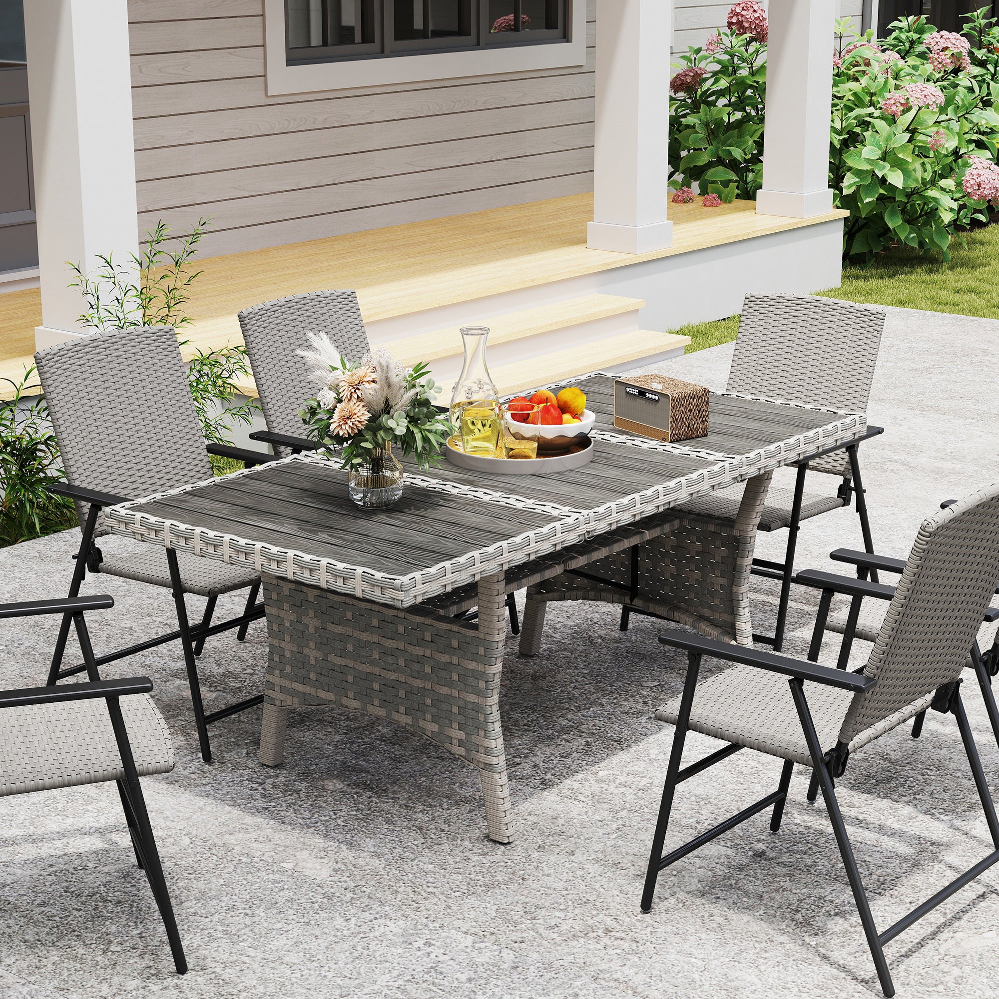 Outsunny 75" Outdoor Dining Table for 6-8, Wicker Patio Table with Storage Shelf and WPC Slatted Top for Balcony, Grey