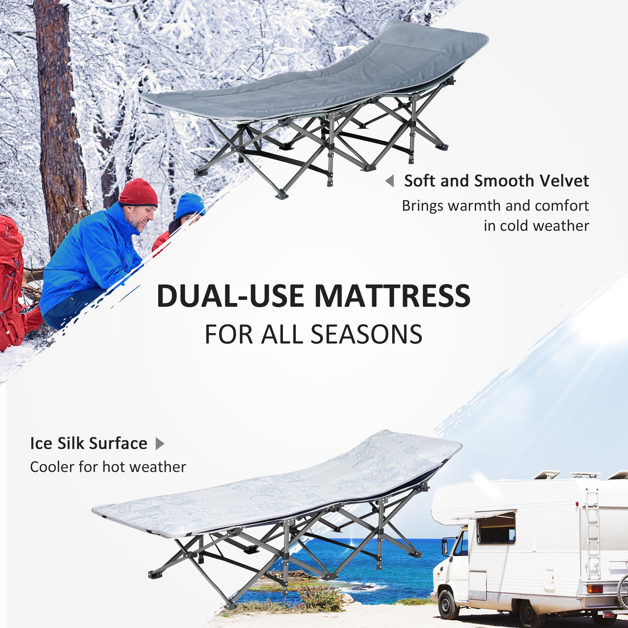 Outsunny Folding Camping Cot with Mattress & Pillow, Double Layer Oxford Heavy Duty Sleeping Cot with Carry Bag Dark Grey